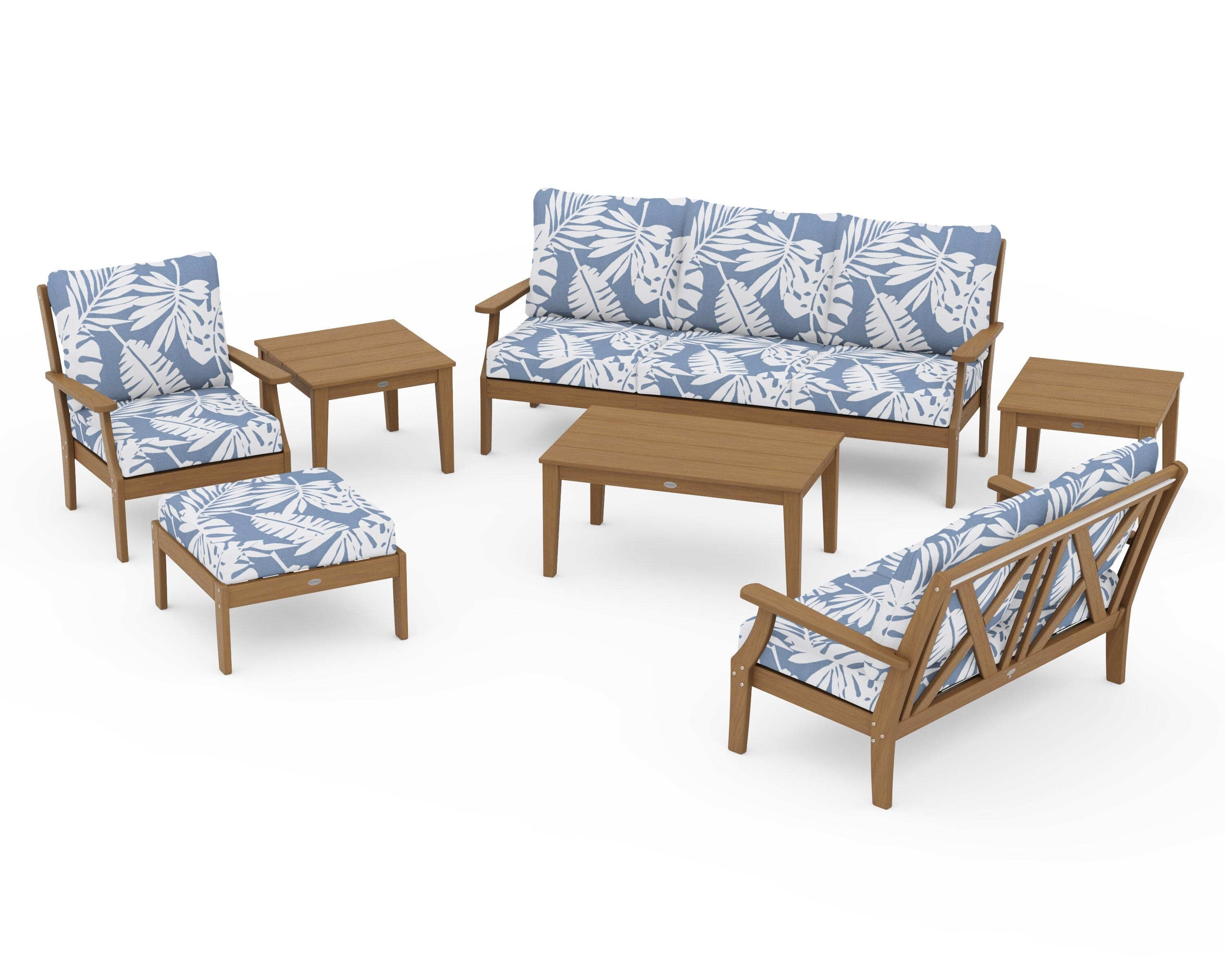 POLYWOOD Braxton 7-Piece Deep Seating Set in Natural / Leaf Sky Blue