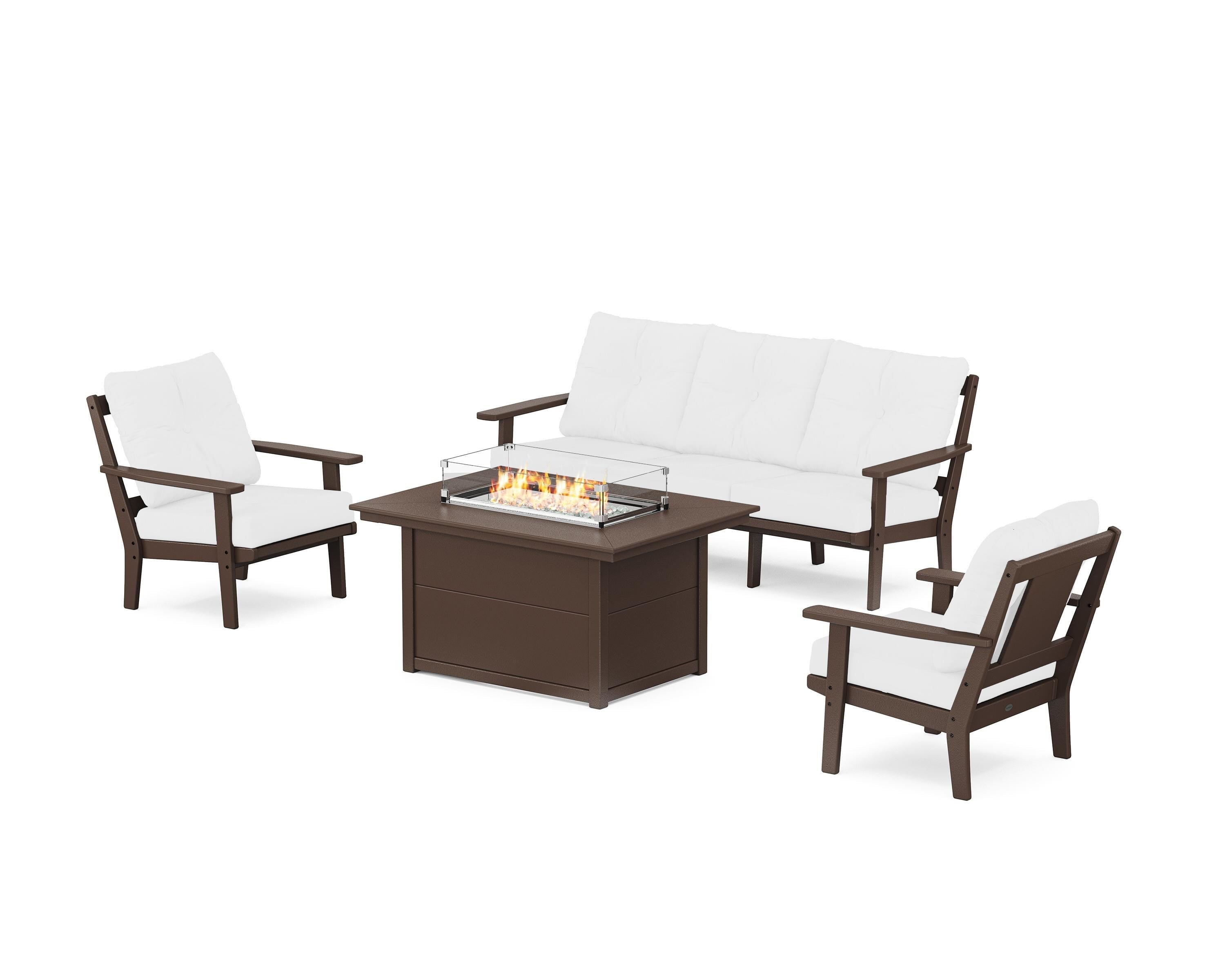 POLYWOOD Prairie Deep Seating Fire Pit Table Set in Mahogany / Natural