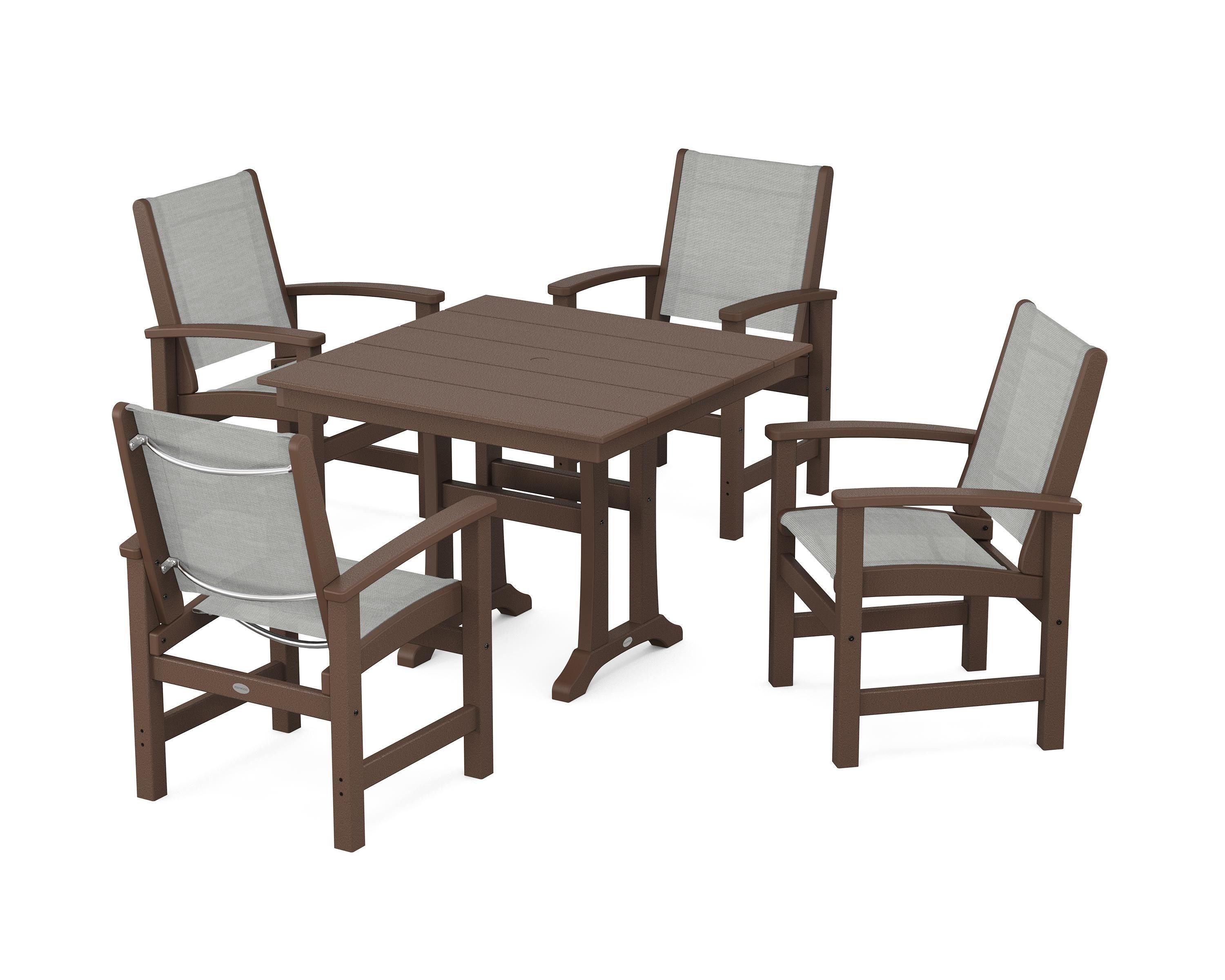 POLYWOOD Coastal 5-Piece Farmhouse Dining Set With Trestle Legs in Mahogany / Metallic Sling