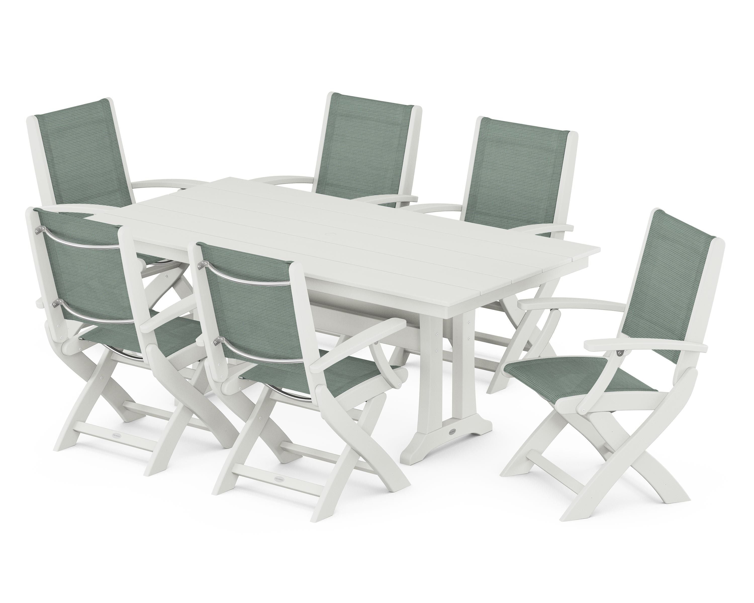 POLYWOOD Coastal Folding Arm Chair 7-Piece Farmhouse Dining Set with Trestle Legs in Vintage White / Dupioni Sea Mist Sling