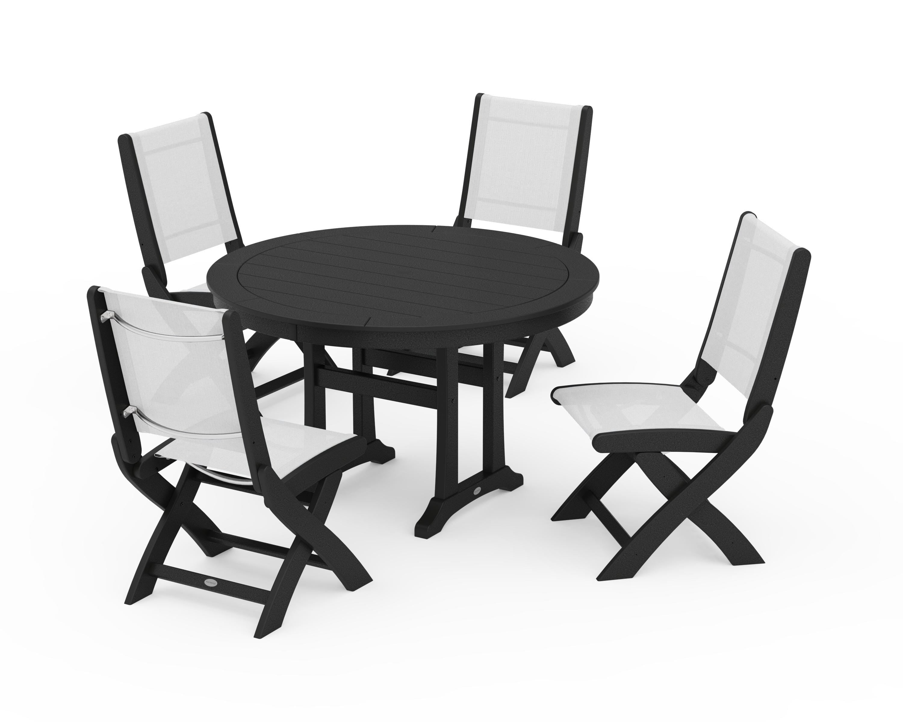POLYWOOD Coastal Folding Side Chair 5-Piece Round Dining Set With Trestle Legs in Black / White Sling