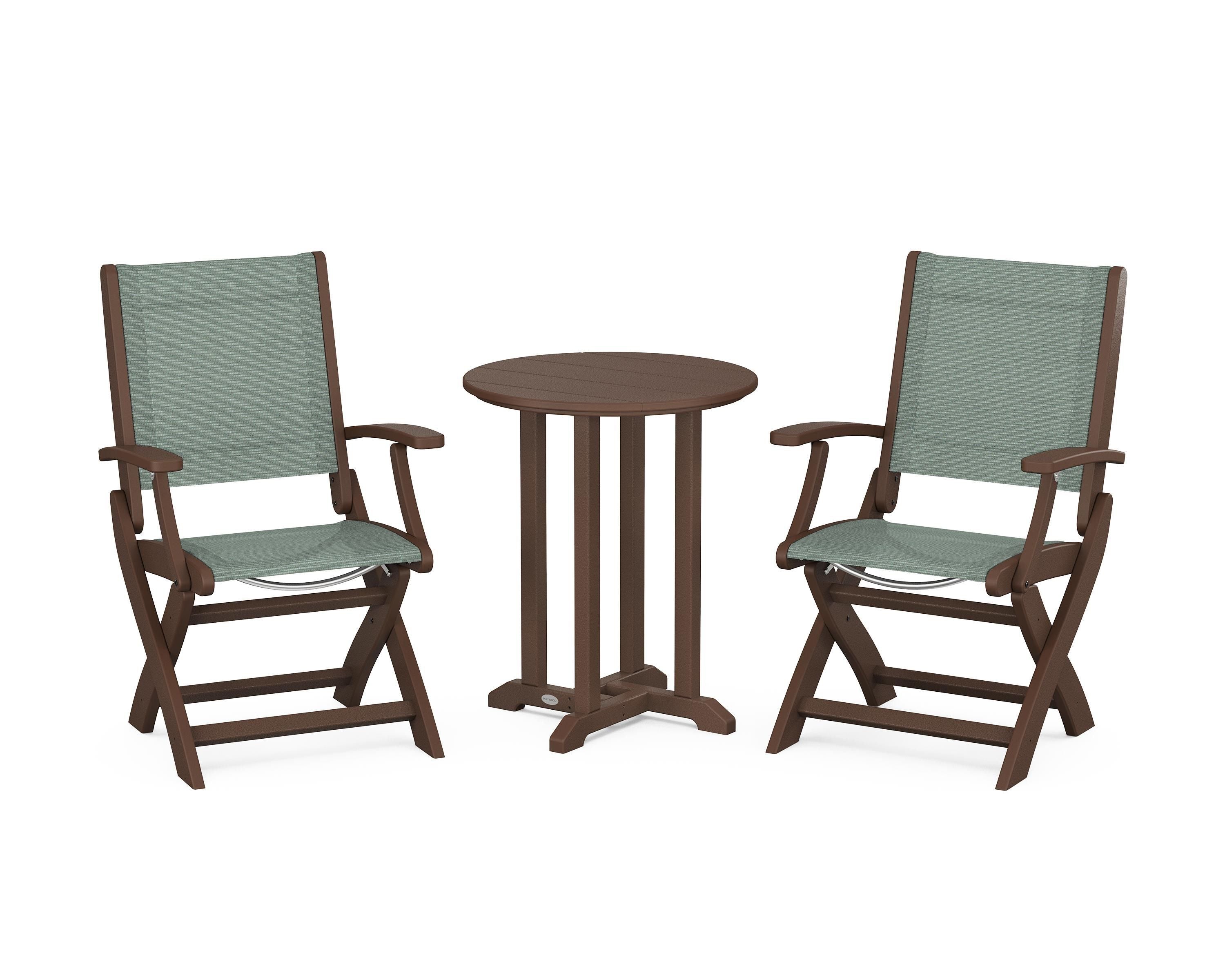 POLYWOOD Coastal Folding 3-Piece Round Bistro Dining Set in Mahogany / Dupioni Sea Mist Sling