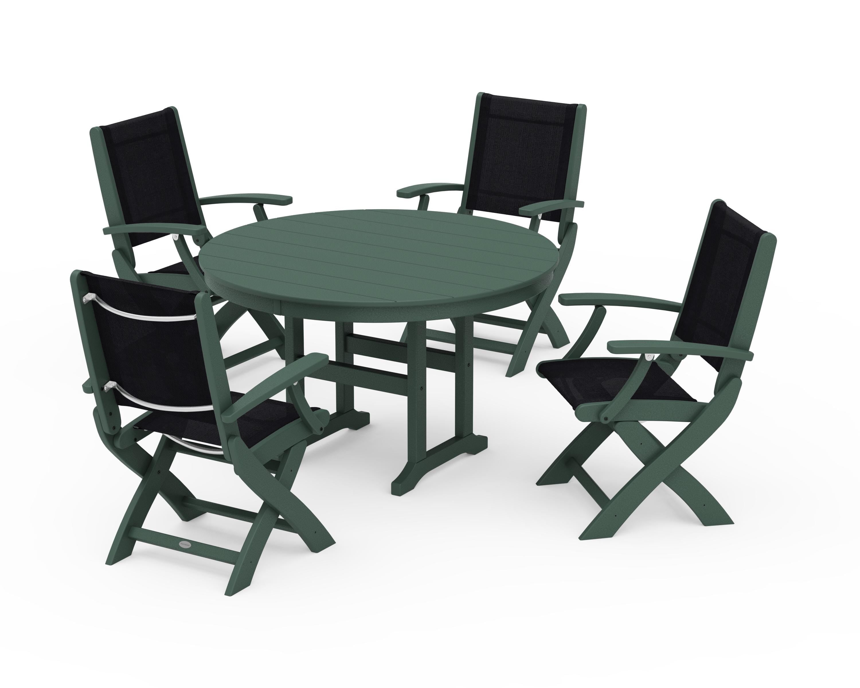 POLYWOOD Coastal Folding Chair 5-Piece Round Dining Set in Green / Black Sling