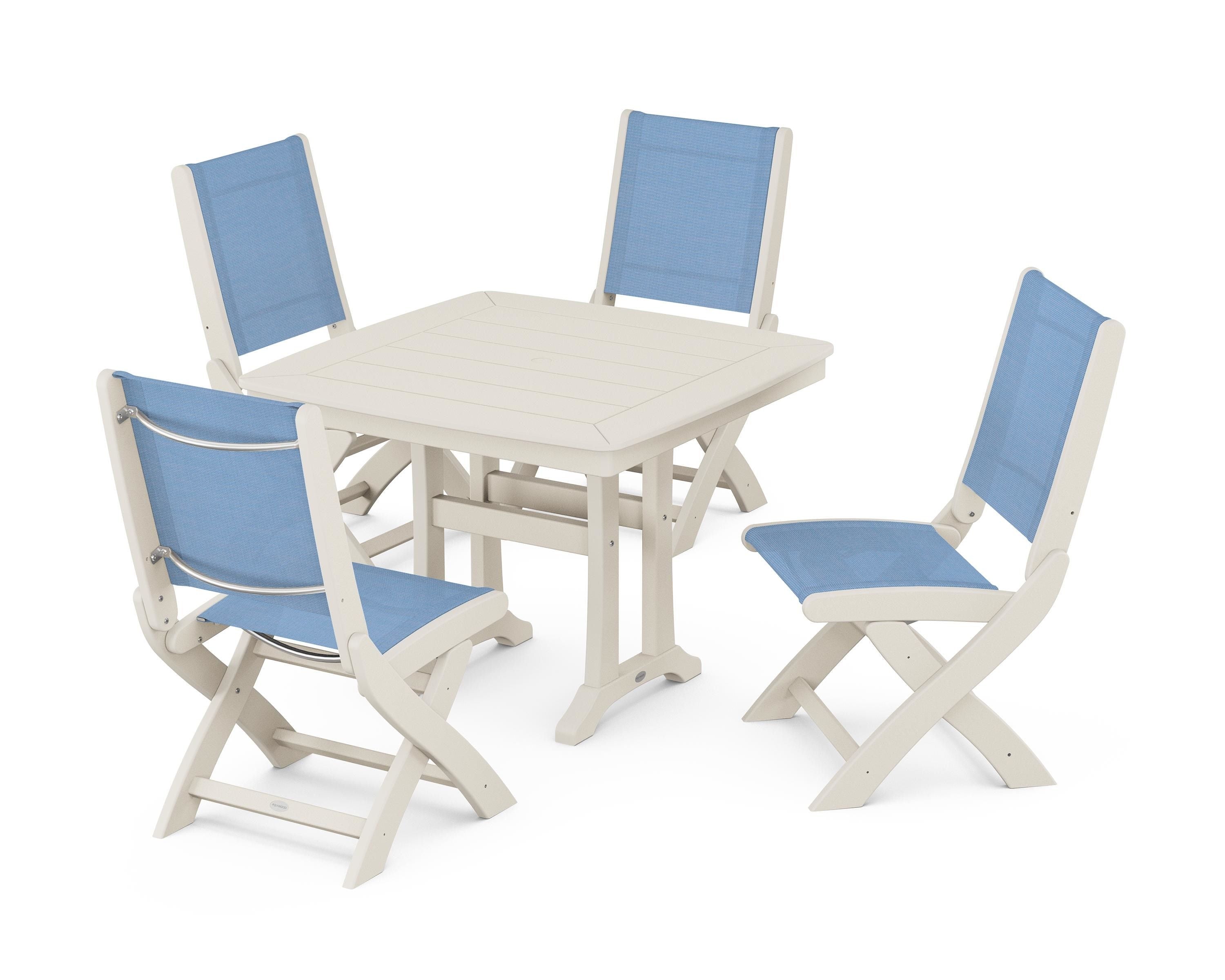 POLYWOOD Coastal Folding Side Chair 5-Piece Dining Set with Trestle Legs in Sand / Poolside Sling
