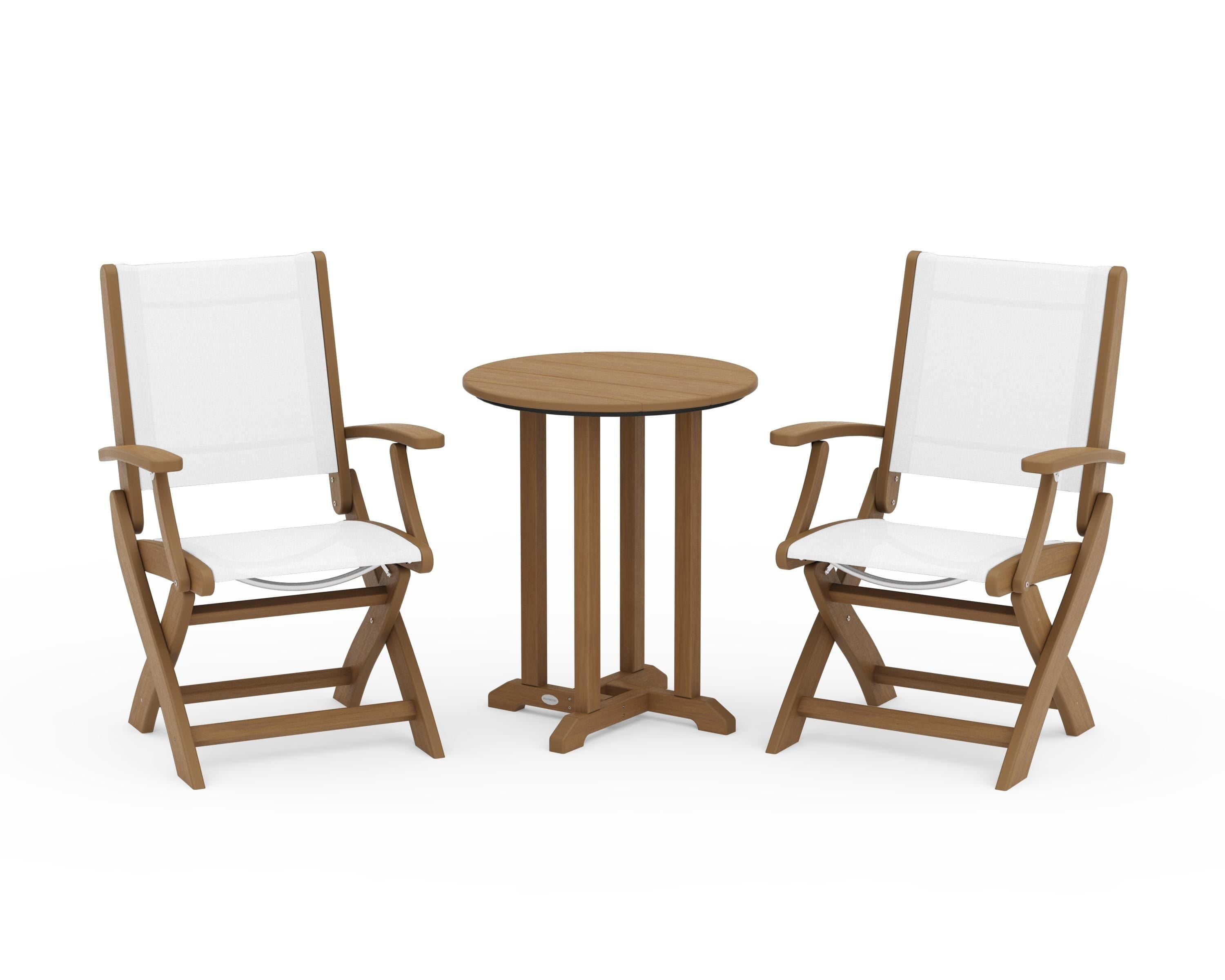 POLYWOOD Coastal Folding 3-Piece Round Bistro Dining Set in Natural / White Sling