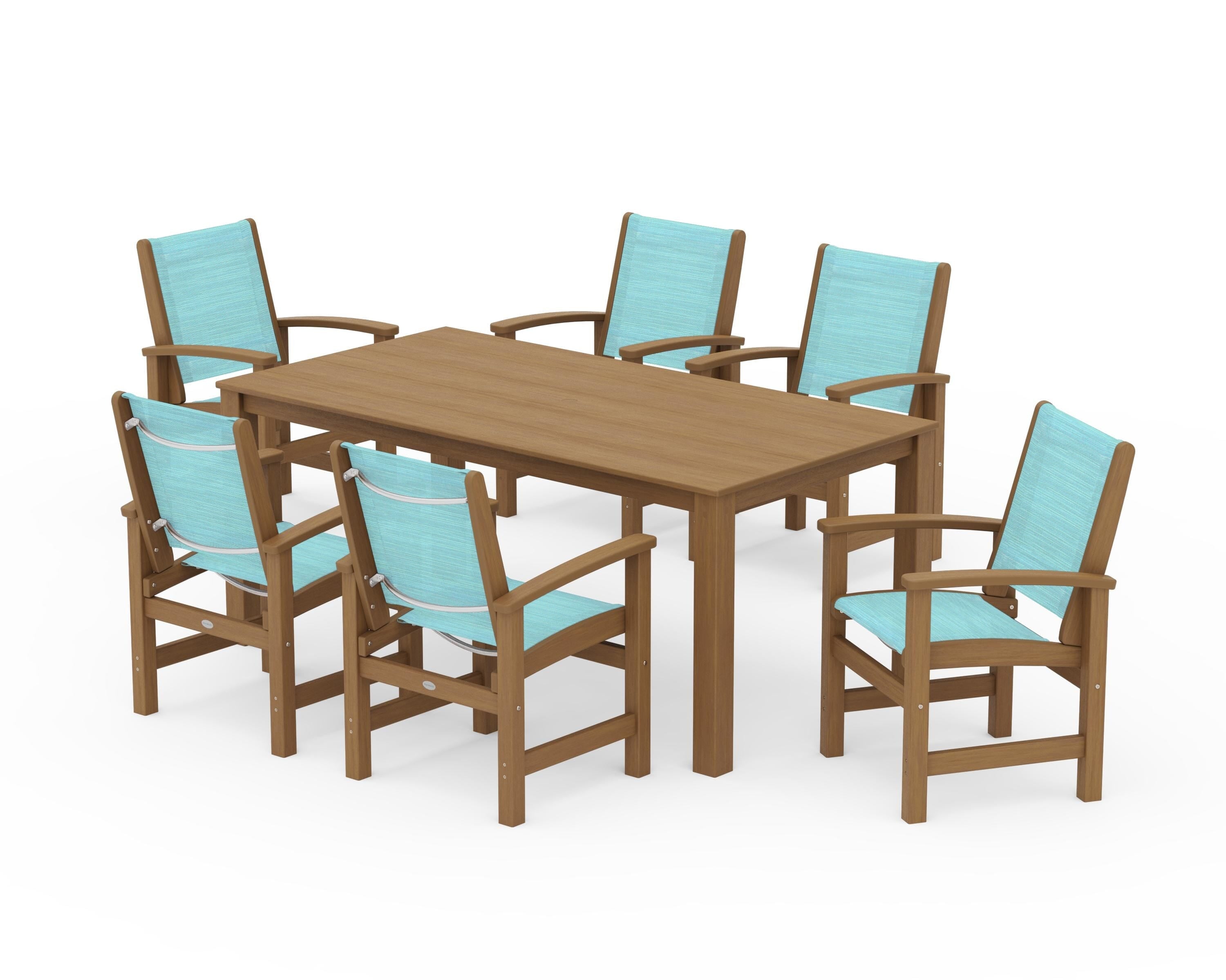 POLYWOOD Coastal 7-Piece Parsons Dining Set in Natural / Dupioni Aquamarine Sling