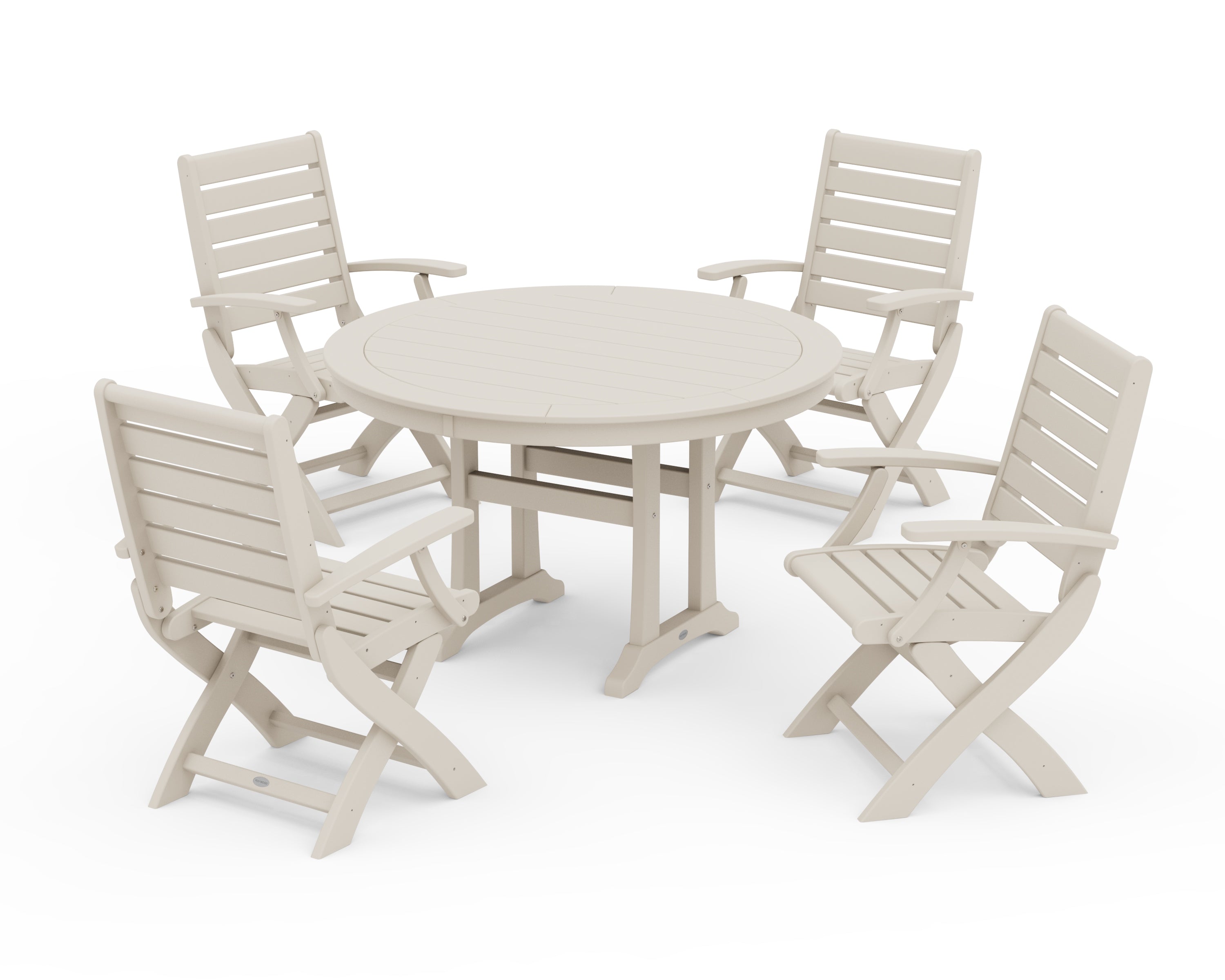 POLYWOOD Signature Folding Chair 5-Piece Round Dining Set with Trestle Legs in Sand