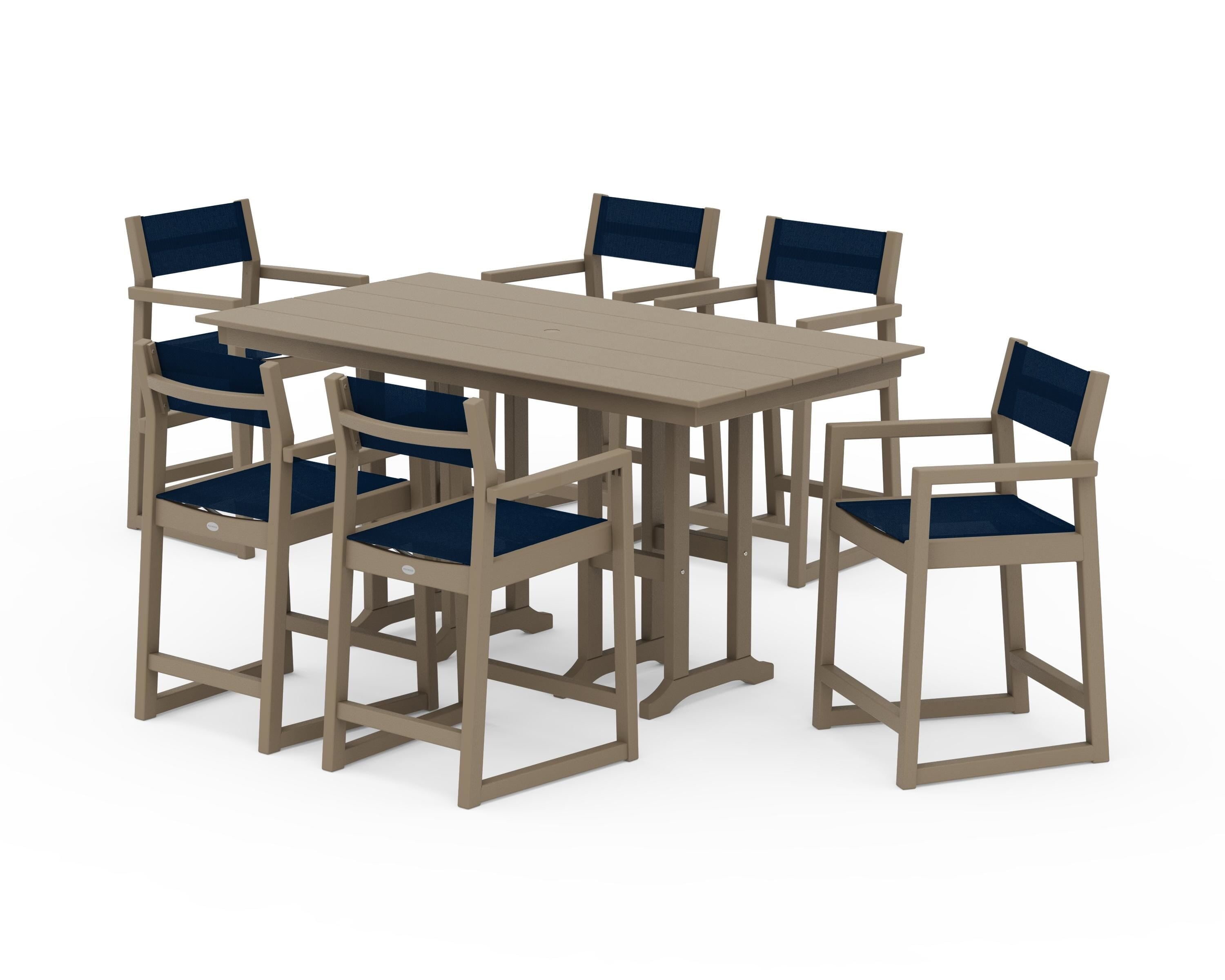 POLYWOOD EDGE Sling Arm Chair 7-Piece Farmhouse Counter Set in Vintage Sahara / Navy Blue Sling