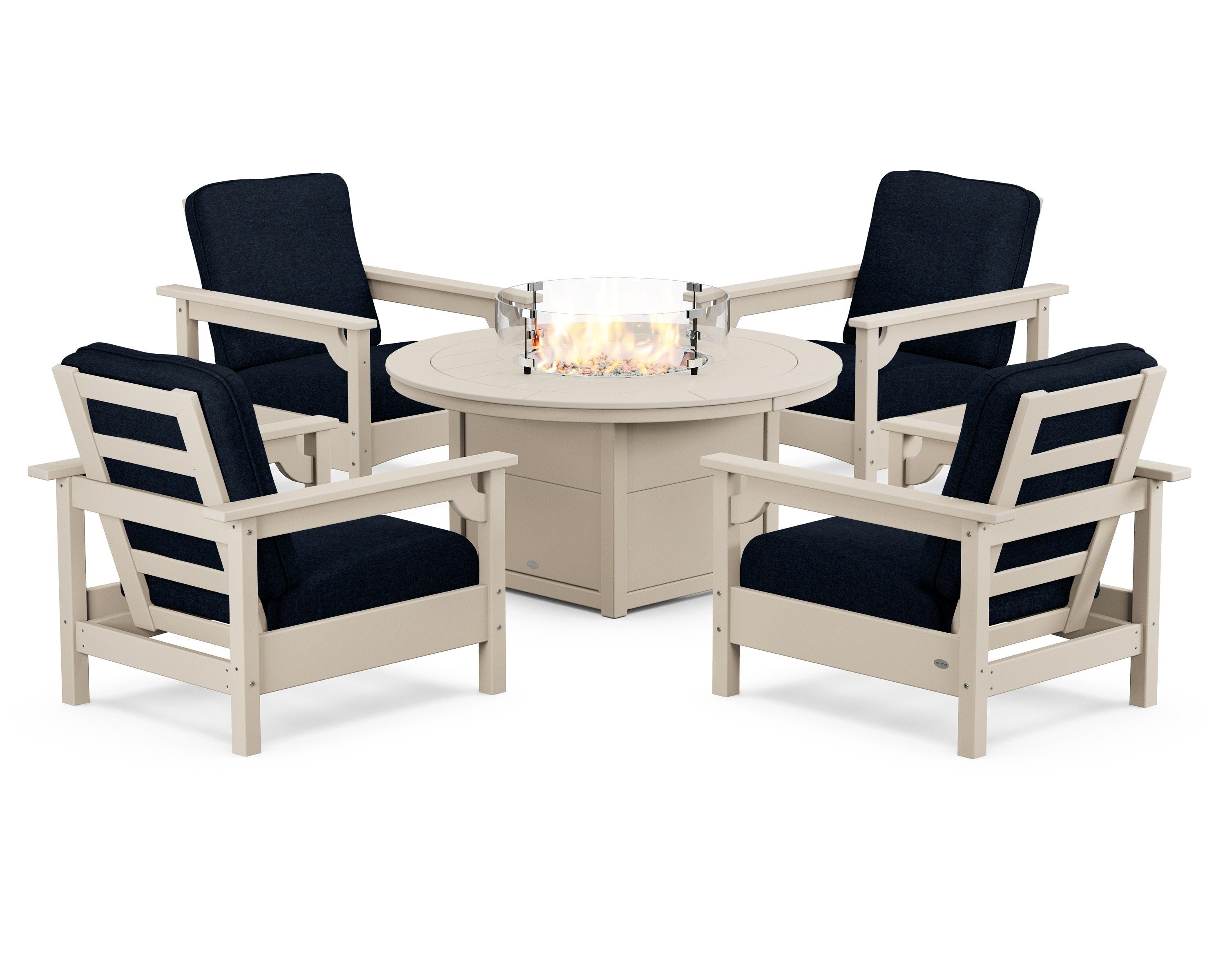 POLYWOOD Club 5-Piece Conversation Set with Fire Pit Table in Sand / Marine Indigo
