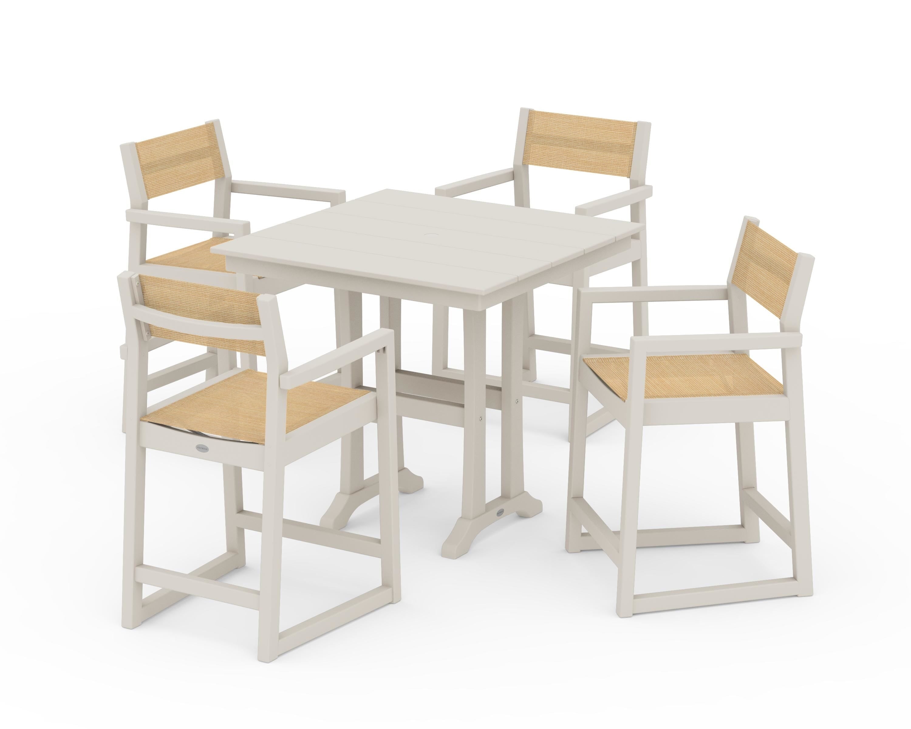 POLYWOOD EDGE Sling Arm Chair 5-Piece Farmhouse Counter Set with Trestle Legs in Sand / Dupioni Apricot Sling