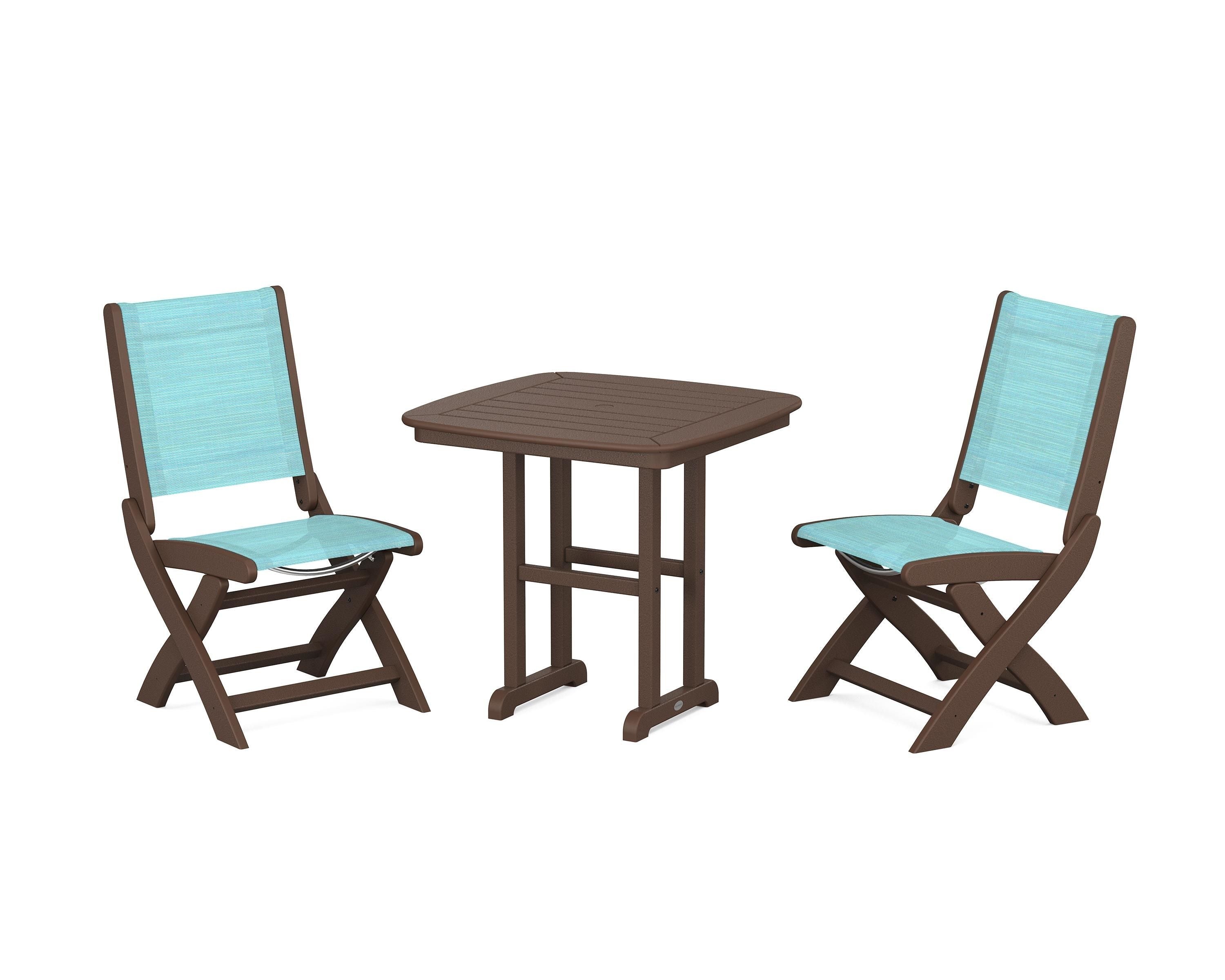 POLYWOOD Coastal Folding Side Chair 3-Piece Dining Set in Mahogany / Dupioni Aquamarine Sling