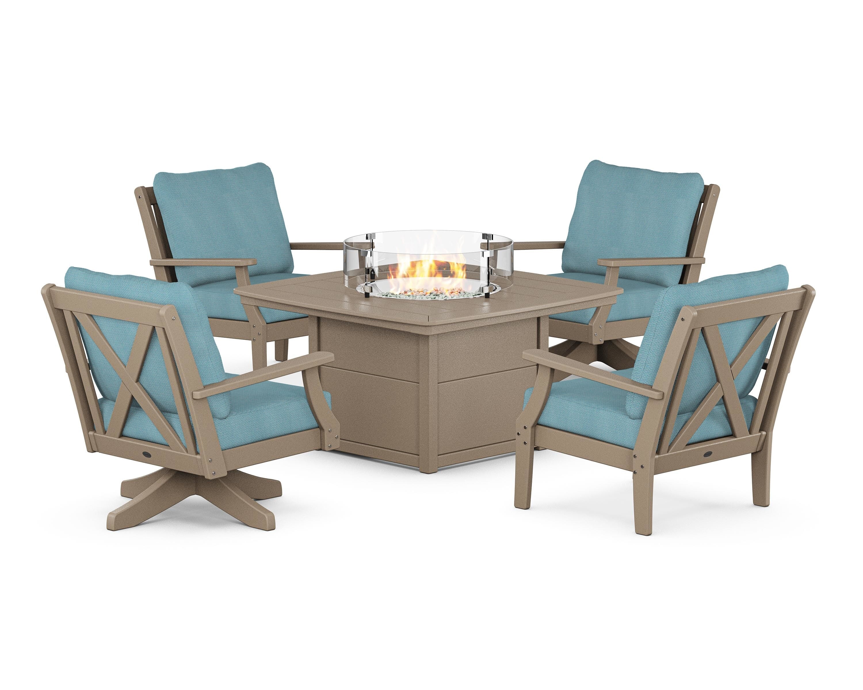 POLYWOOD Braxton 5-Piece Deep Seating Set with Fire Table in Sand / Lattice Sky Blue
