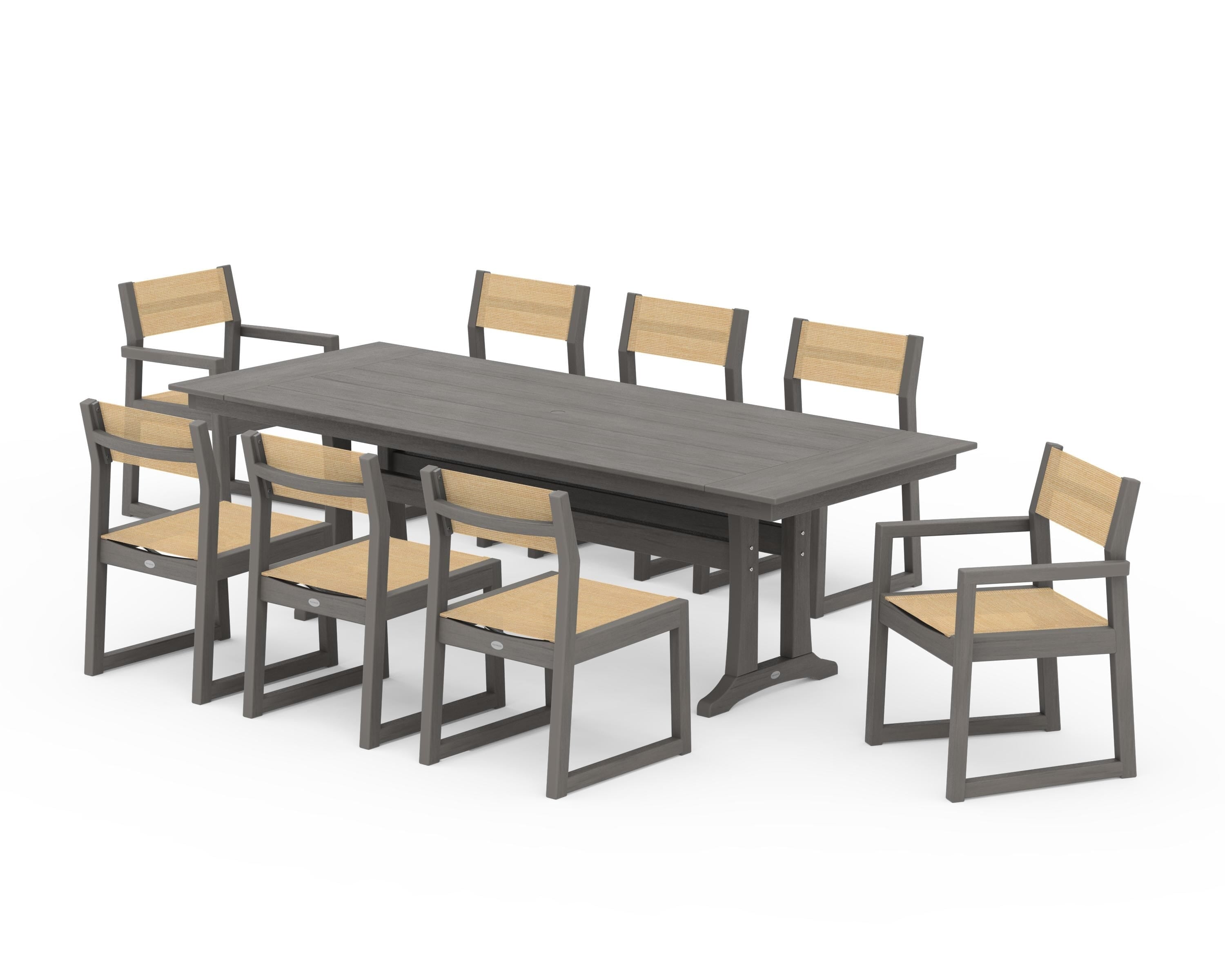 POLYWOOD EDGE Sling 9-Piece Farmhouse Trestle Dining Set in Driftwood / Dupioni Apricot Sling