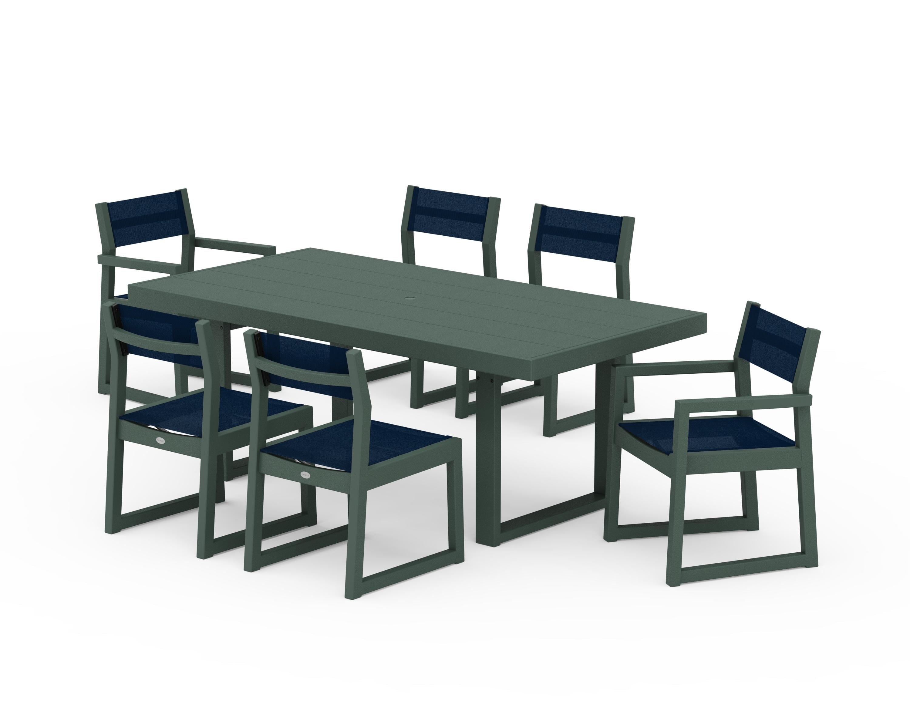 POLYWOOD EDGE Sling 7-Piece Dining Set in Green / Navy Blue Sling