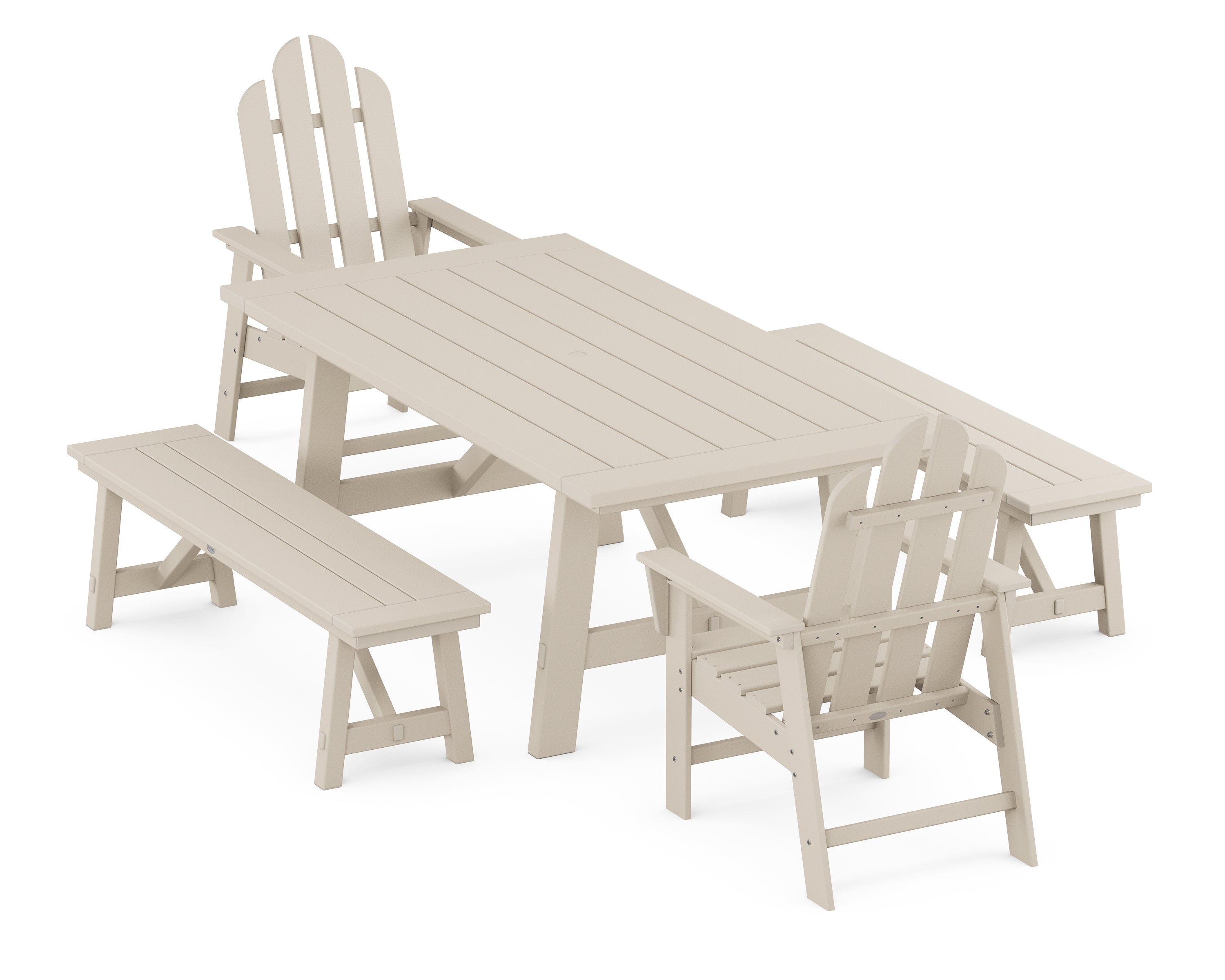 POLYWOOD® Long Island 5-Piece Rustic Farmhouse Dining Set With Benches in Sand