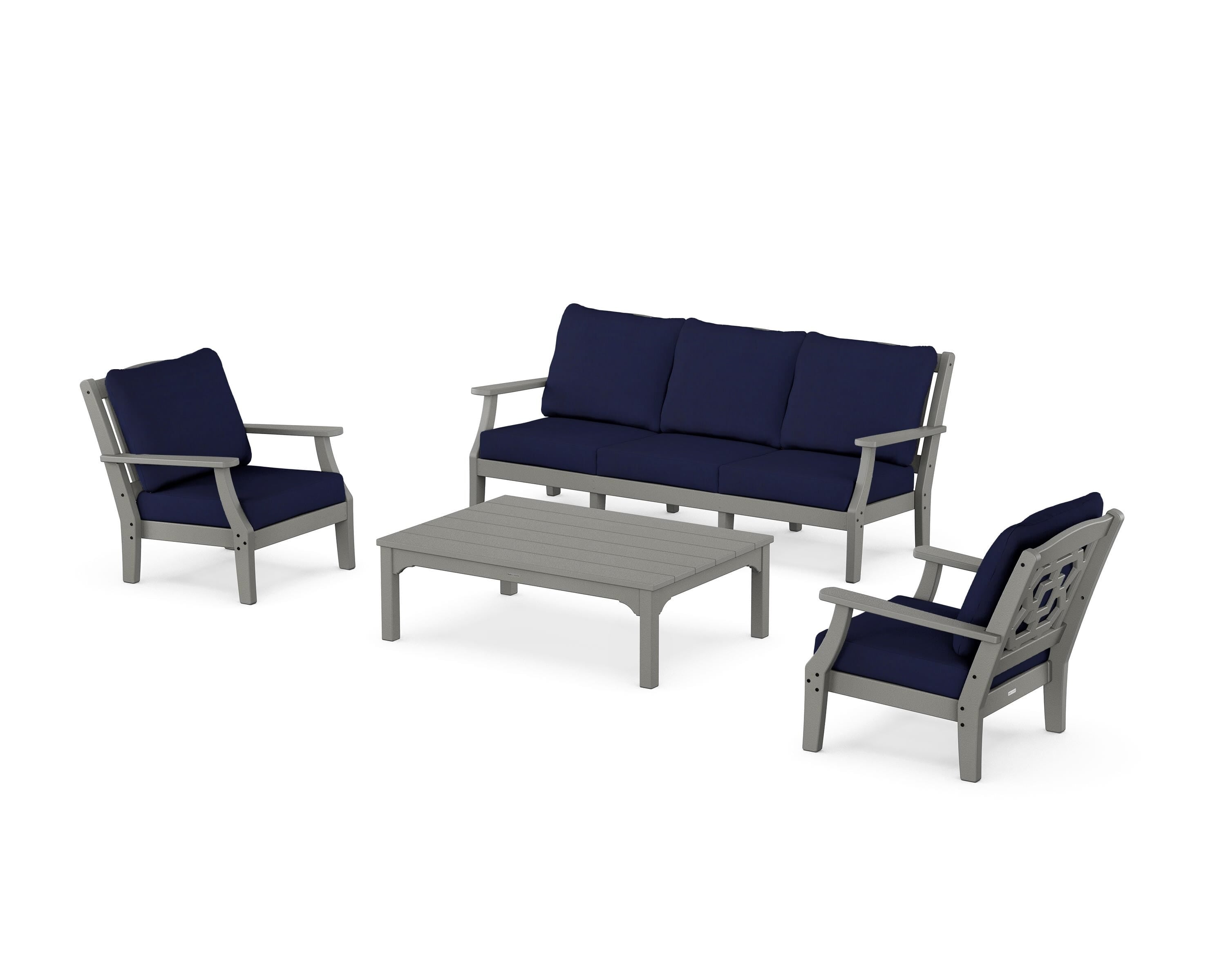 Martha Stewart by POLYWOOD Chinoiserie 4-Piece Deep Seating Set with Sofa in Slate Grey / Navy