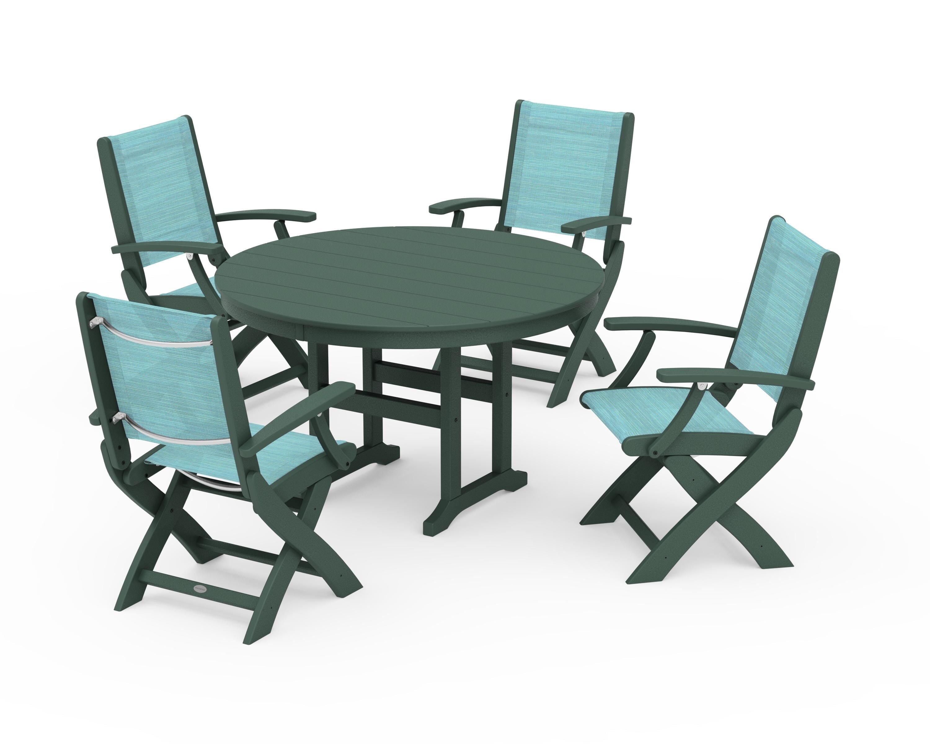 POLYWOOD Coastal Folding Chair 5-Piece Round Dining Set in Green / Dupioni Aquamarine Sling