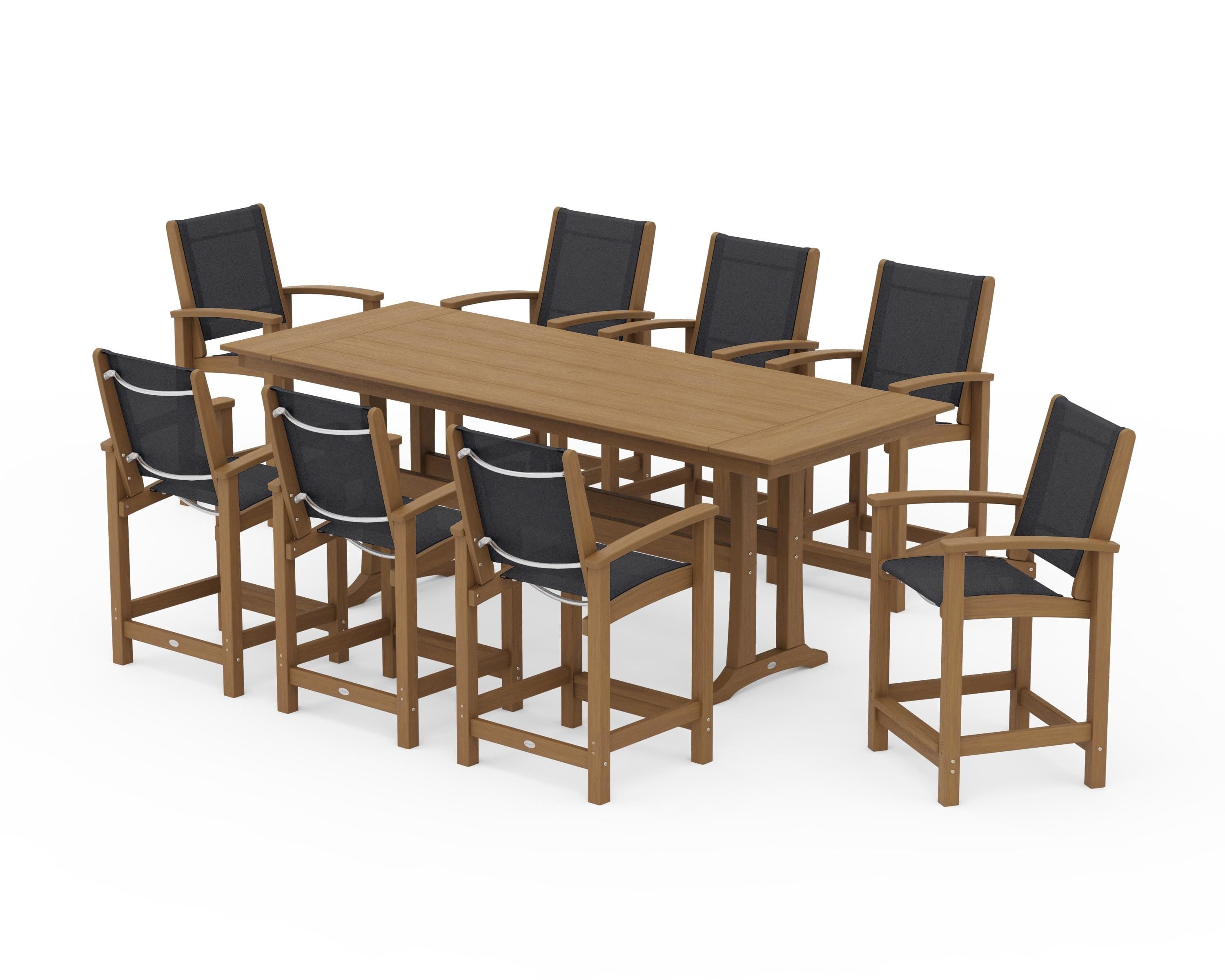 POLYWOOD Coastal 9-Piece Farmhouse Counter Set with Trestle Legs in Natural / Black Sling