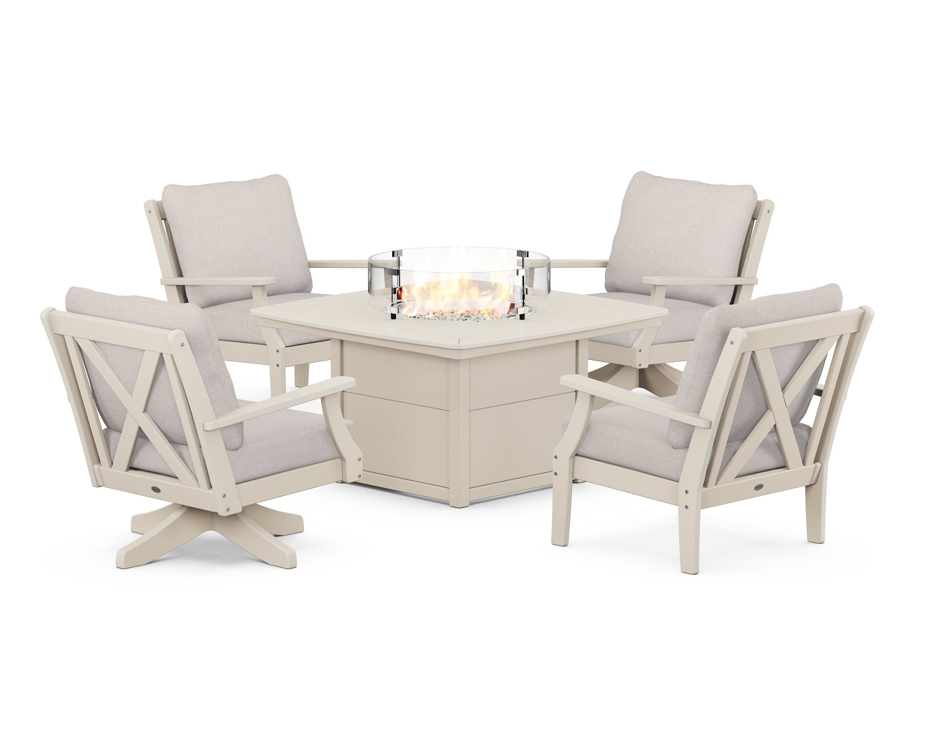 POLYWOOD Braxton 5-Piece Deep Seating Set with Fire Table in Sand / Dune Burlap
