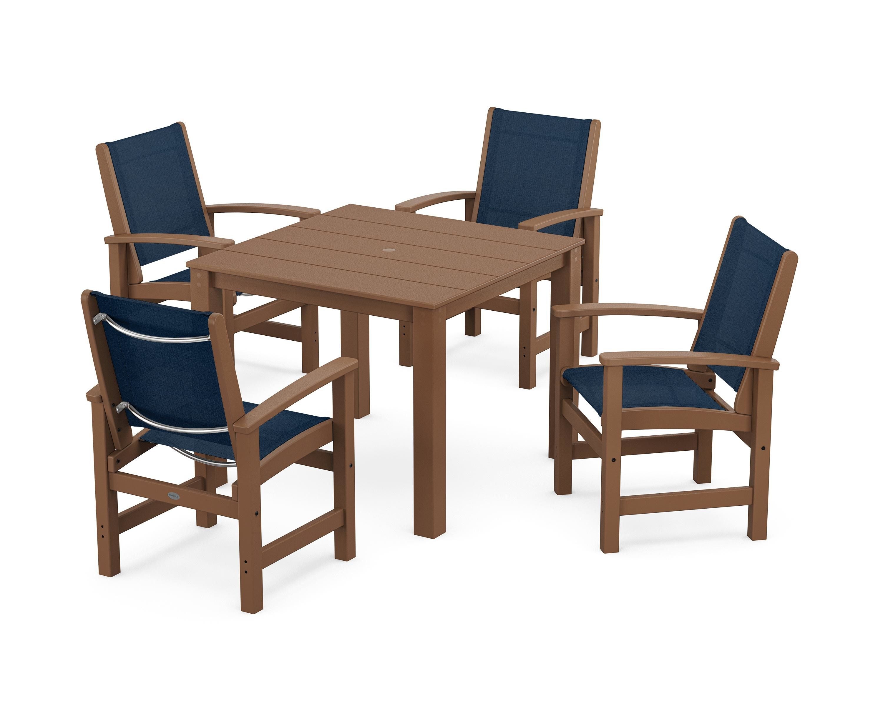 POLYWOOD Coastal 5-Piece Parsons Dining Set in Teak / Navy Blue Sling
