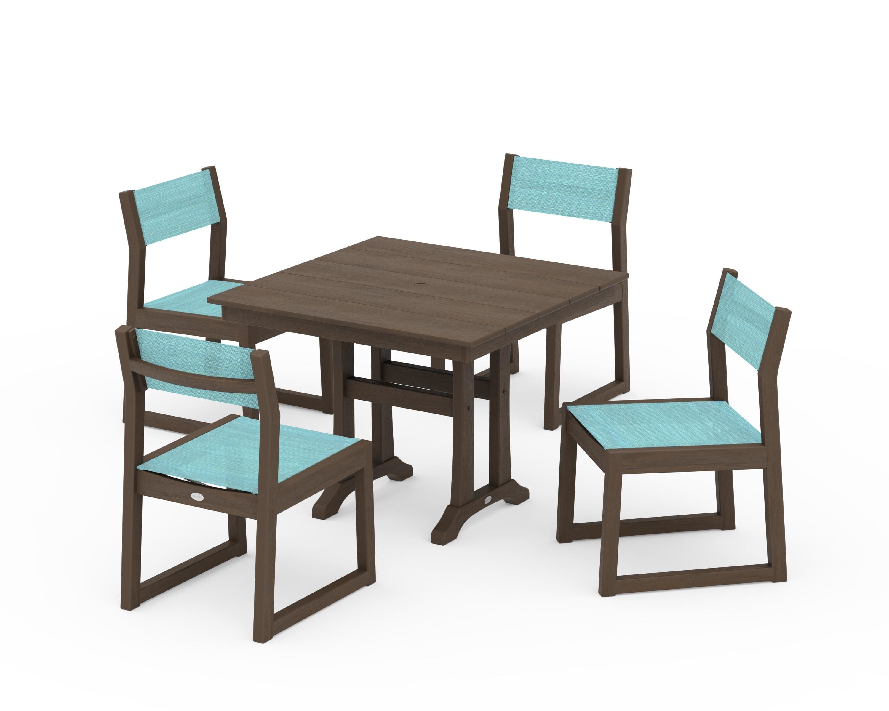 POLYWOOD EDGE Sling 5-Piece Farmhouse Trestle Side Chair Dining Set in Kona / Dupioni Aquamarine Sling