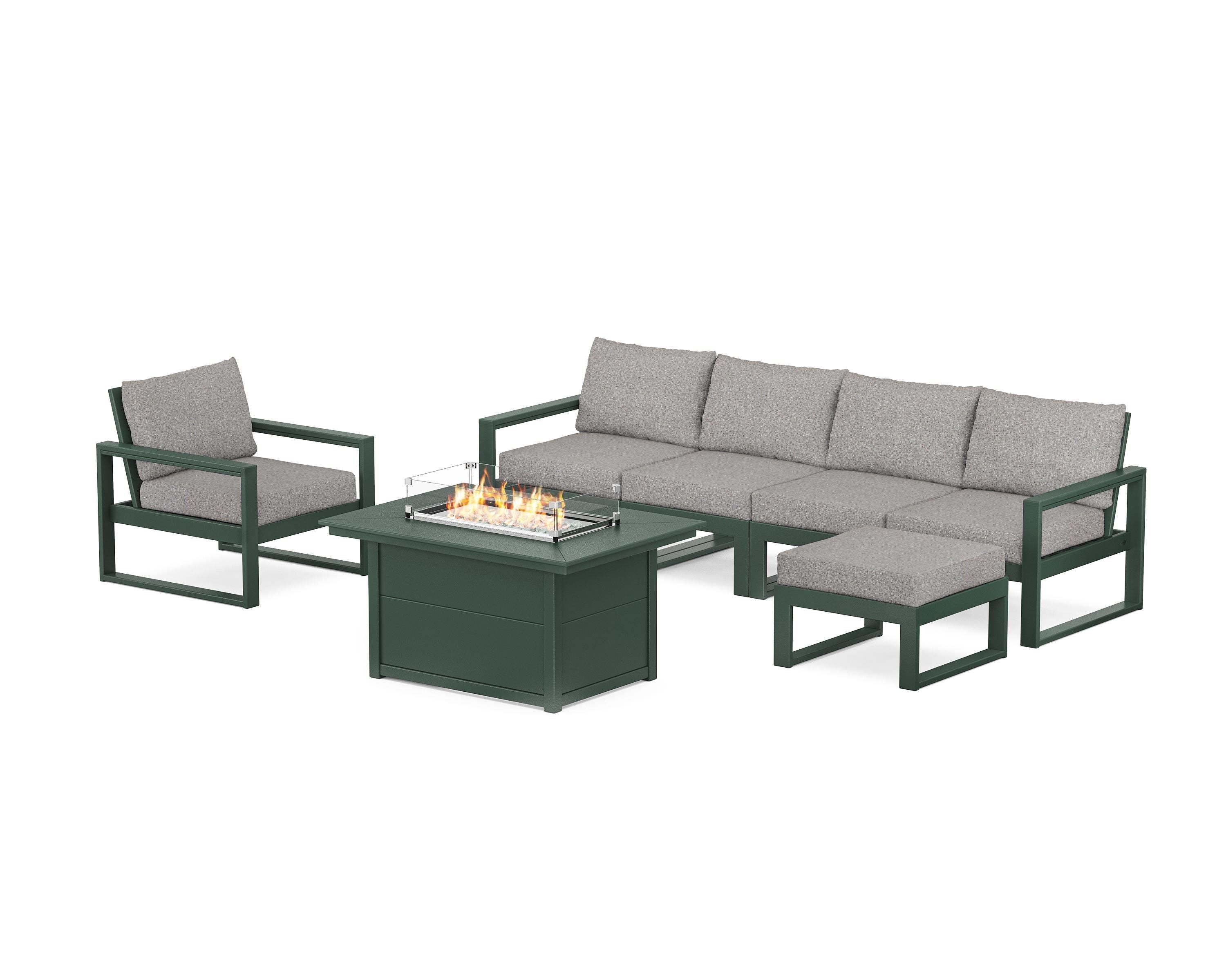 POLYWOOD EDGE Sectional Lounge and Fire Pit Set in Green / Grey Mist