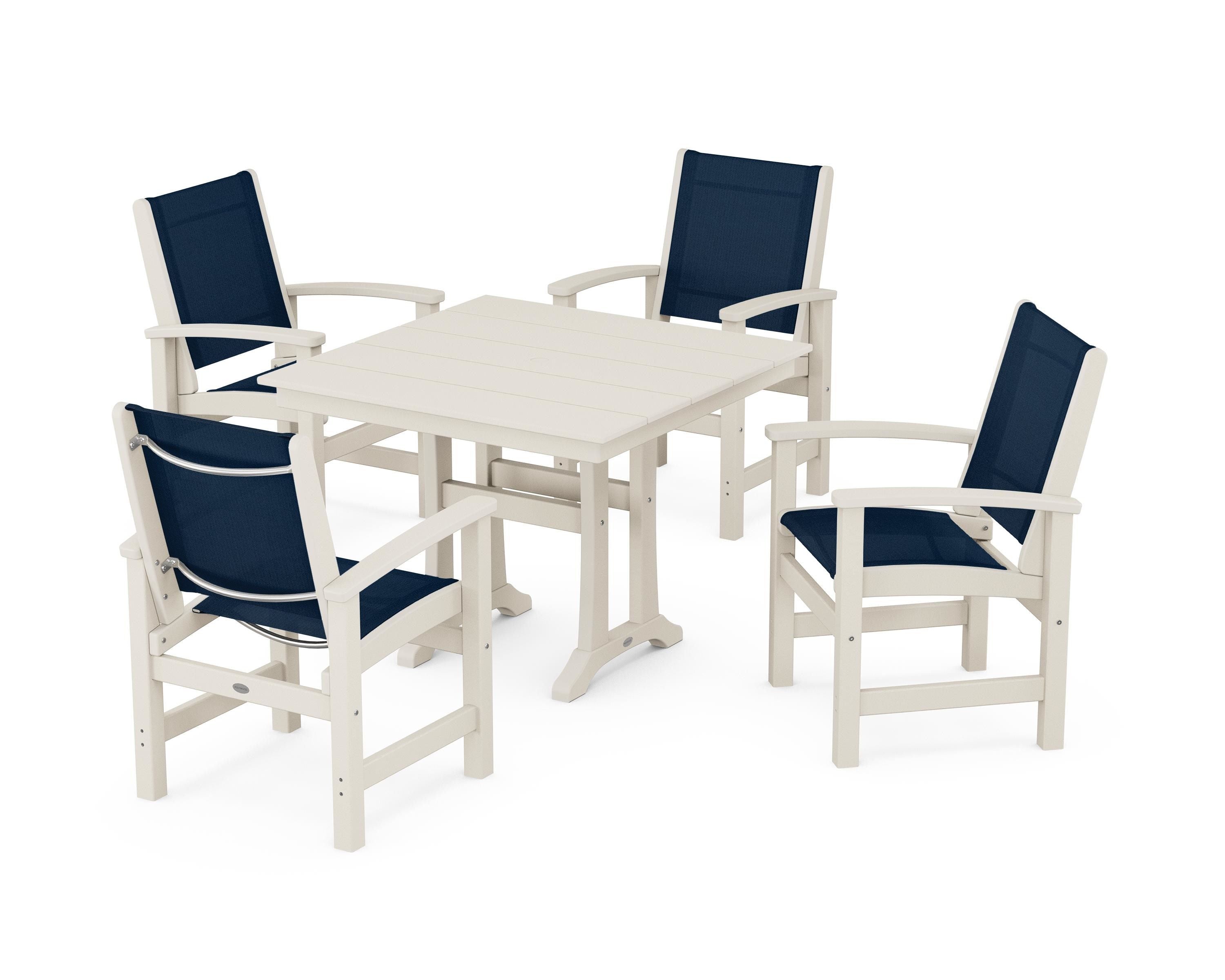 POLYWOOD Coastal 5-Piece Farmhouse Dining Set With Trestle Legs in Sand / Navy Blue Sling