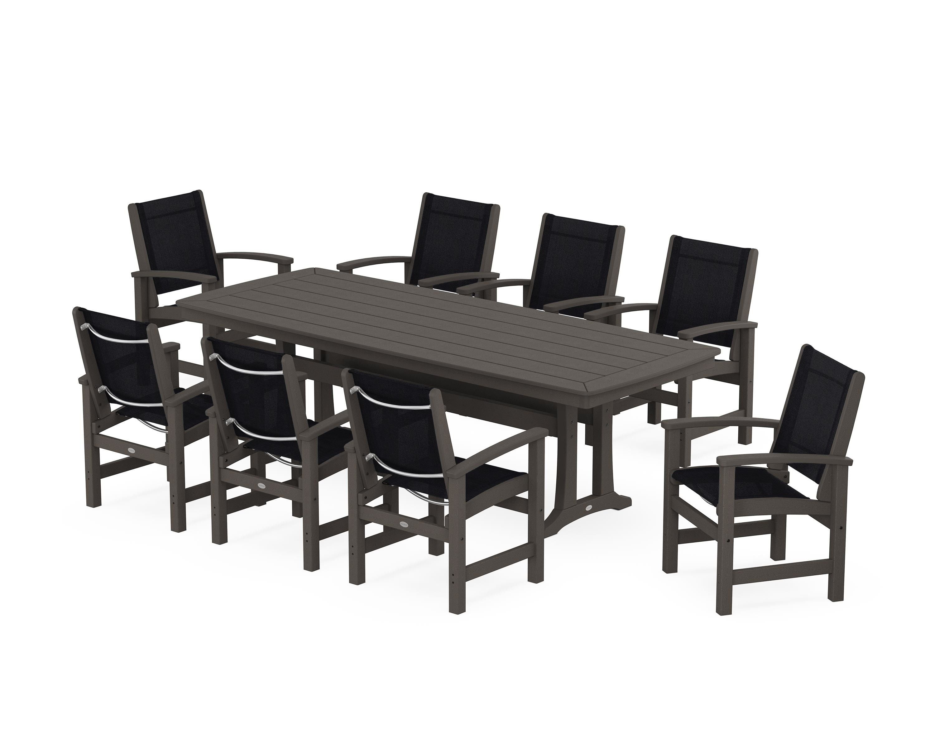 POLYWOOD Coastal 9-Piece Dining Set with Trestle Legs in Vintage Coffee / Black Sling