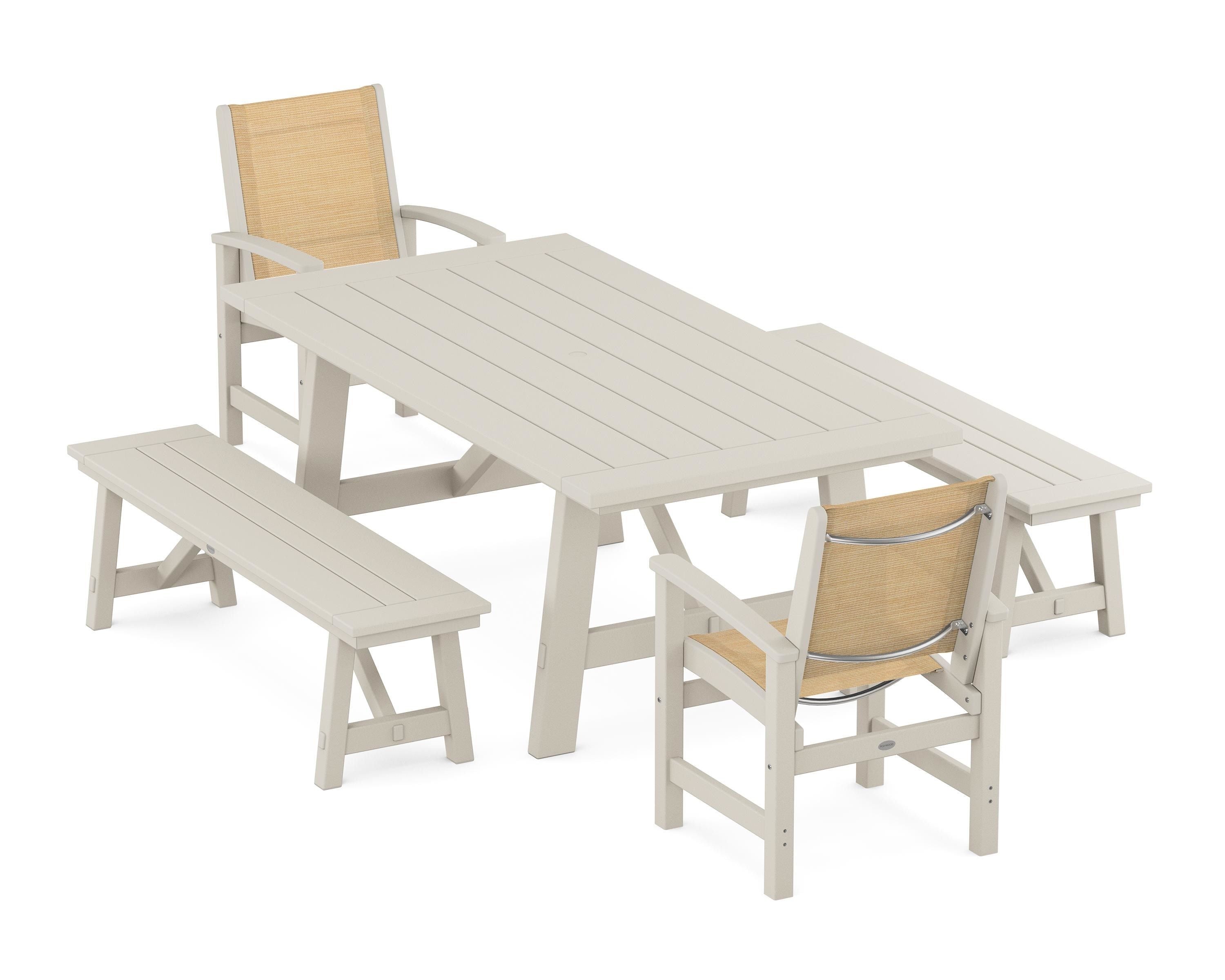 POLYWOOD Coastal 5-Piece Rustic Farmhouse Dining Set With Benches in Sand / Dupioni Apricot Sling