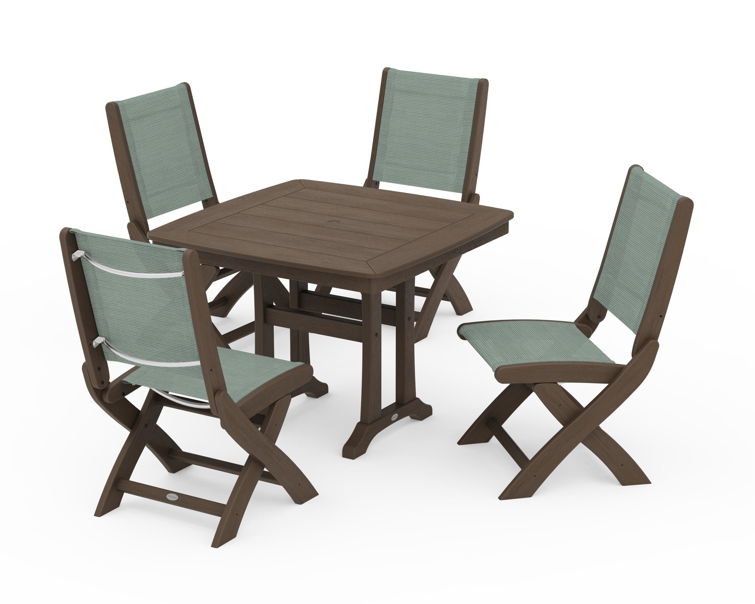 POLYWOOD Coastal Folding Side Chair 5-Piece Dining Set with Trestle Legs in Kona / Dupioni Sea Mist Sling