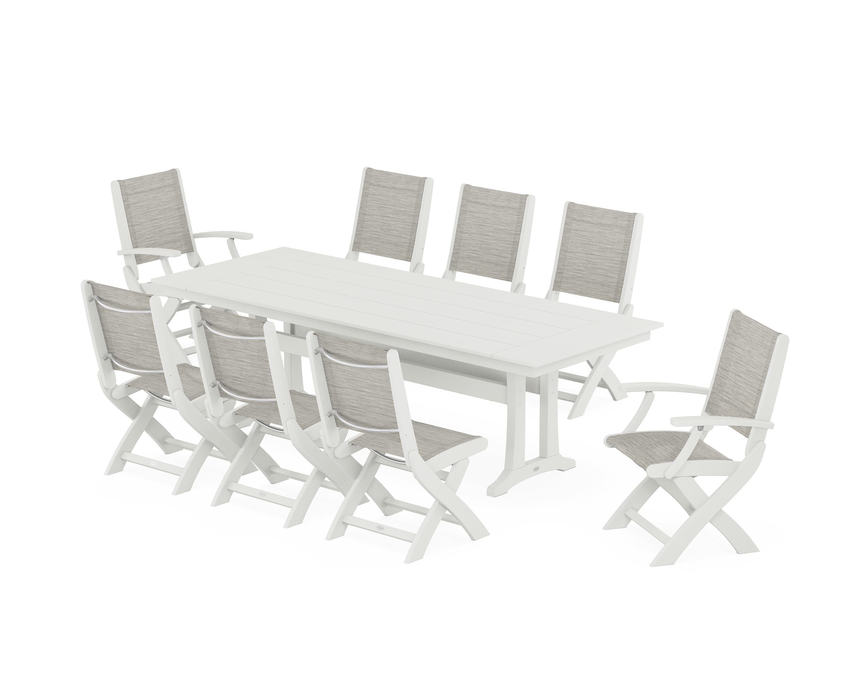 POLYWOOD Coastal 9-Piece Folding Dining Chair Farmhouse Dining Set with Trestle Legs in Vintage White / Birch Sling