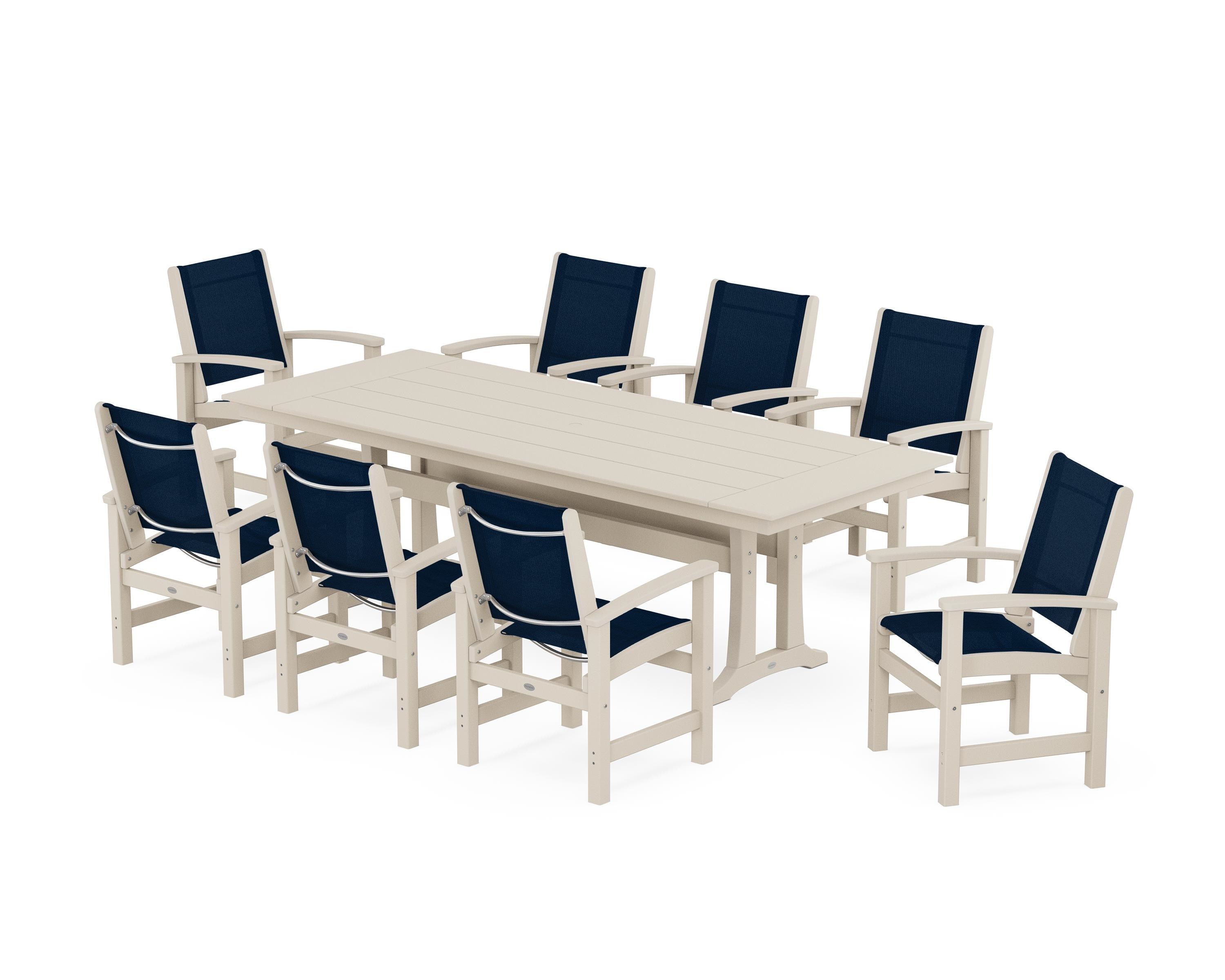 POLYWOOD Coastal 9-Piece Farmhouse Dining Set with Trestle Legs in Sand / Navy Blue Sling
