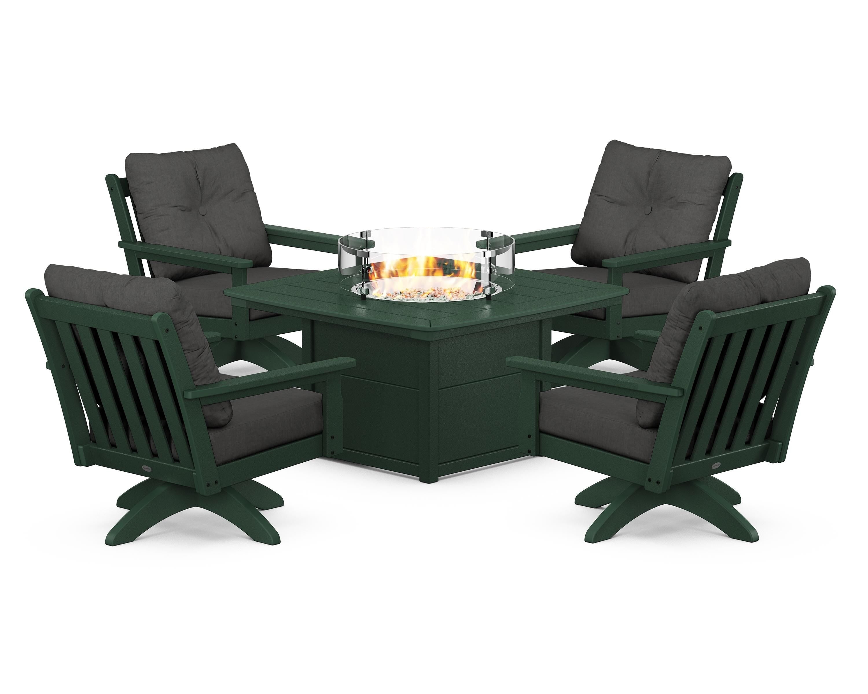 POLYWOOD Vineyard 5-Piece Deep Seating Swivel Conversation Set with Fire Pit Table in Green / Spectrum Carbon