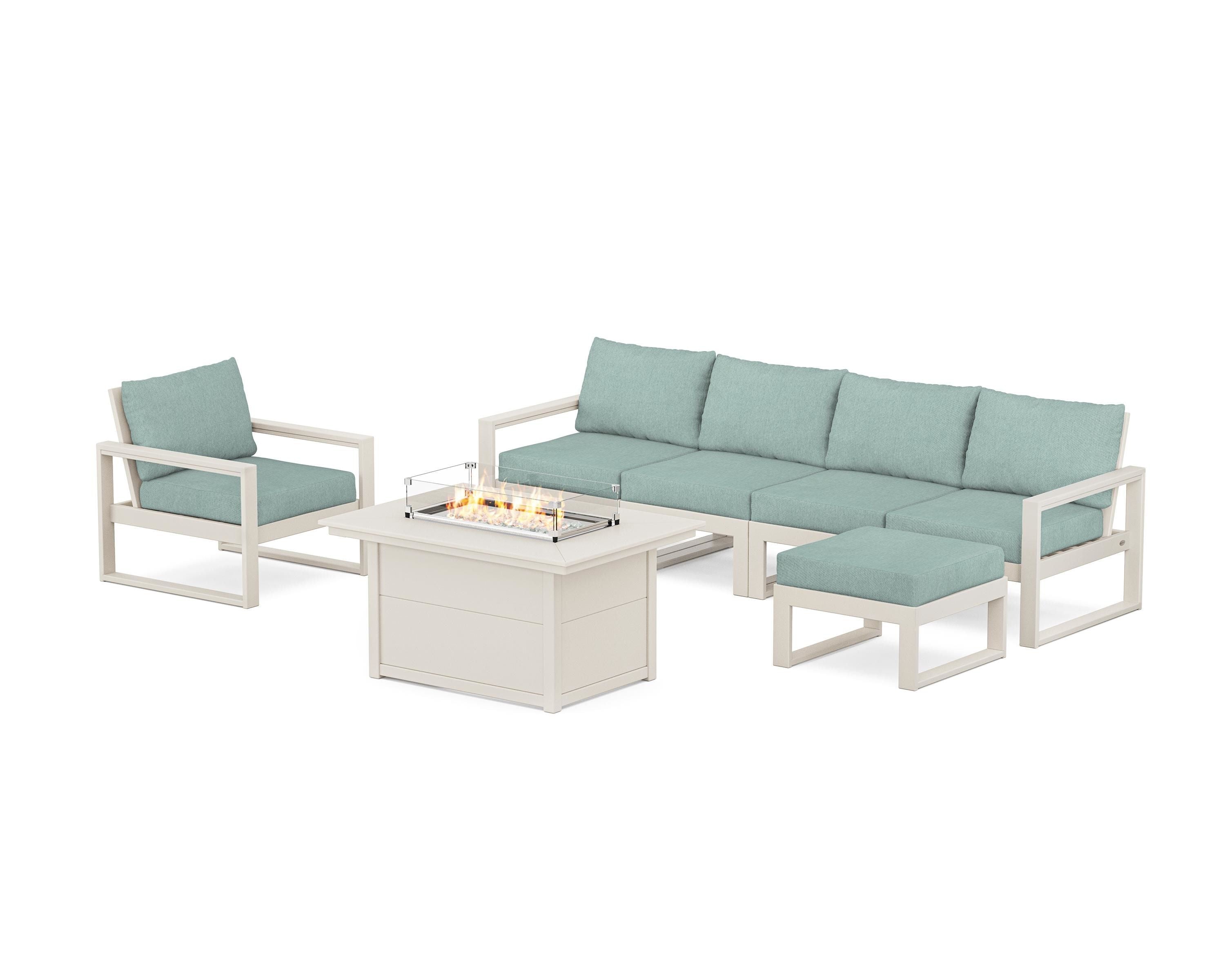 POLYWOOD EDGE Sectional Lounge and Fire Pit Set in Sand / Glacier Spa