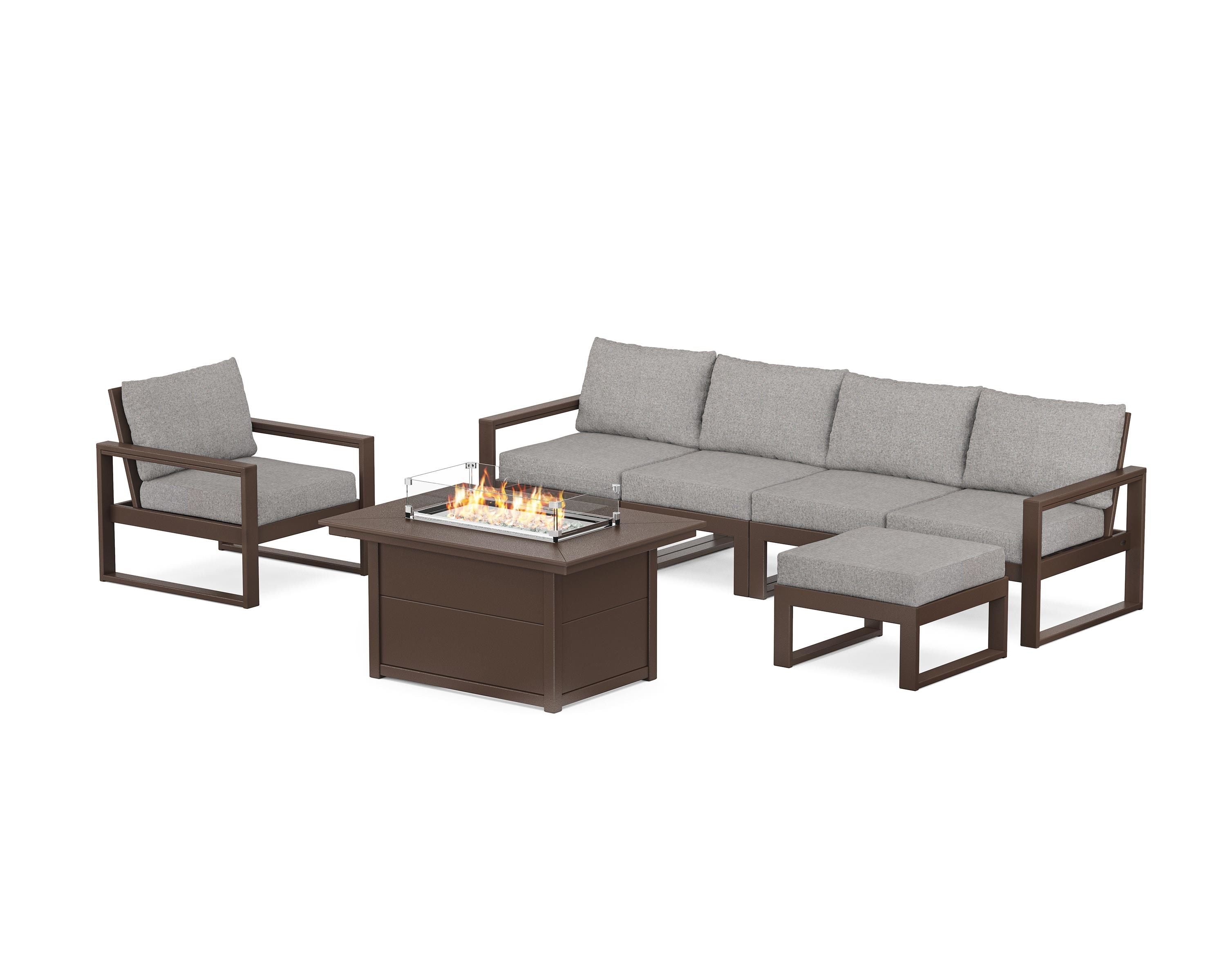 POLYWOOD EDGE Sectional Lounge and Fire Pit Set in Mahogany / Grey Mist