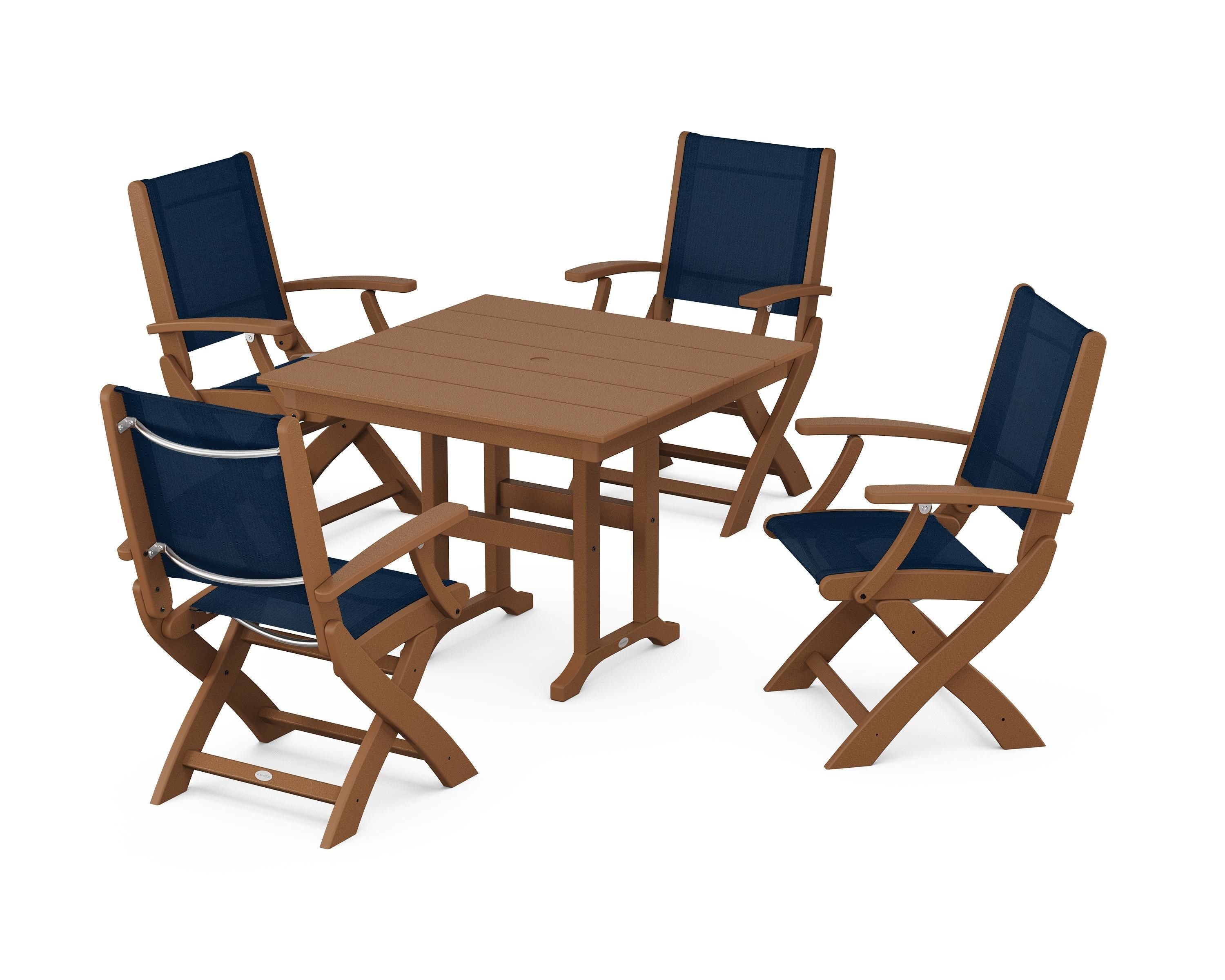 POLYWOOD Coastal Folding Chair 5-Piece Farmhouse Dining Set in Teak / Navy Blue Sling