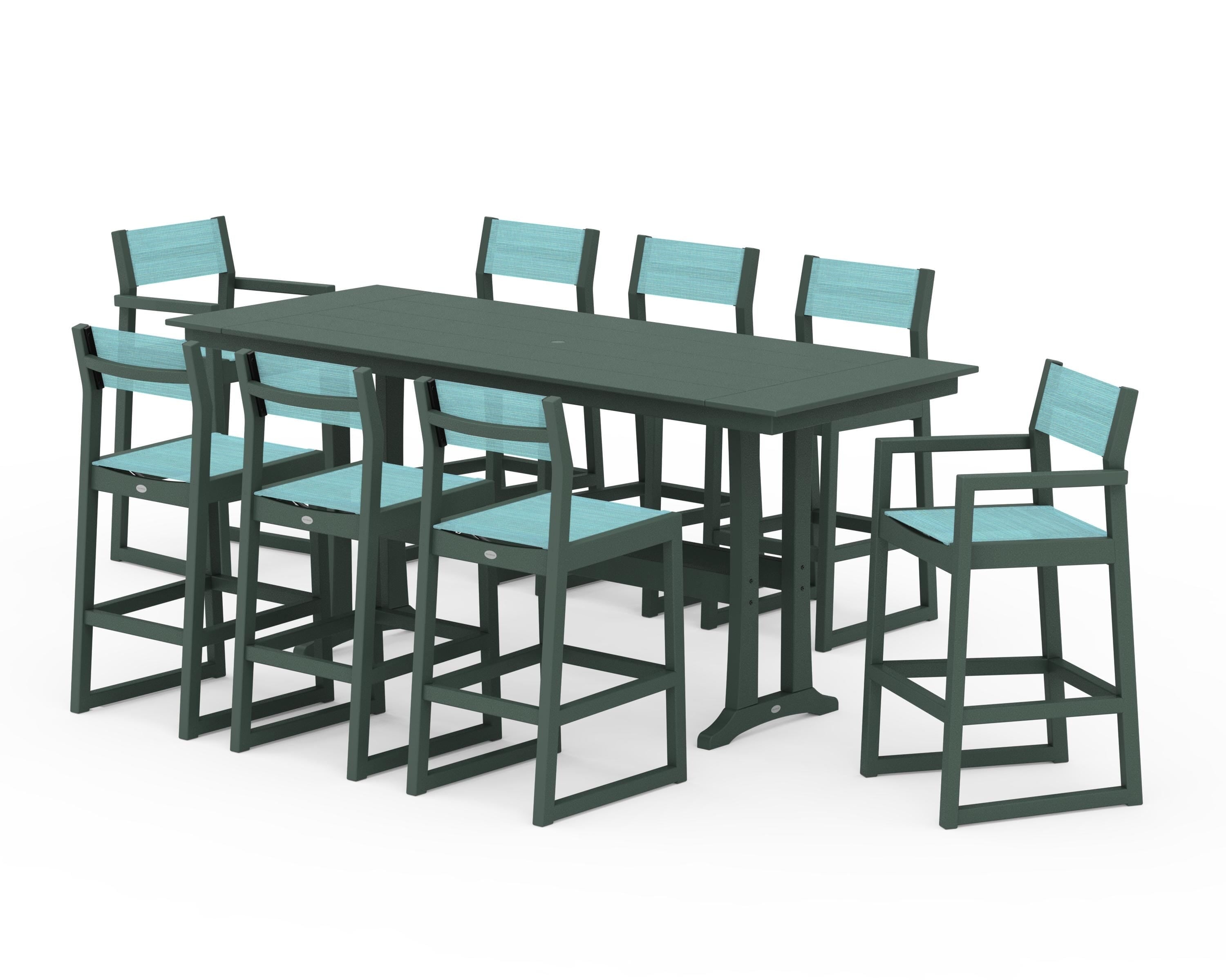 POLYWOOD EDGE Sling 9-Piece Farmhouse Bar Set with Trestle Legs in Green / Dupioni Aquamarine Sling