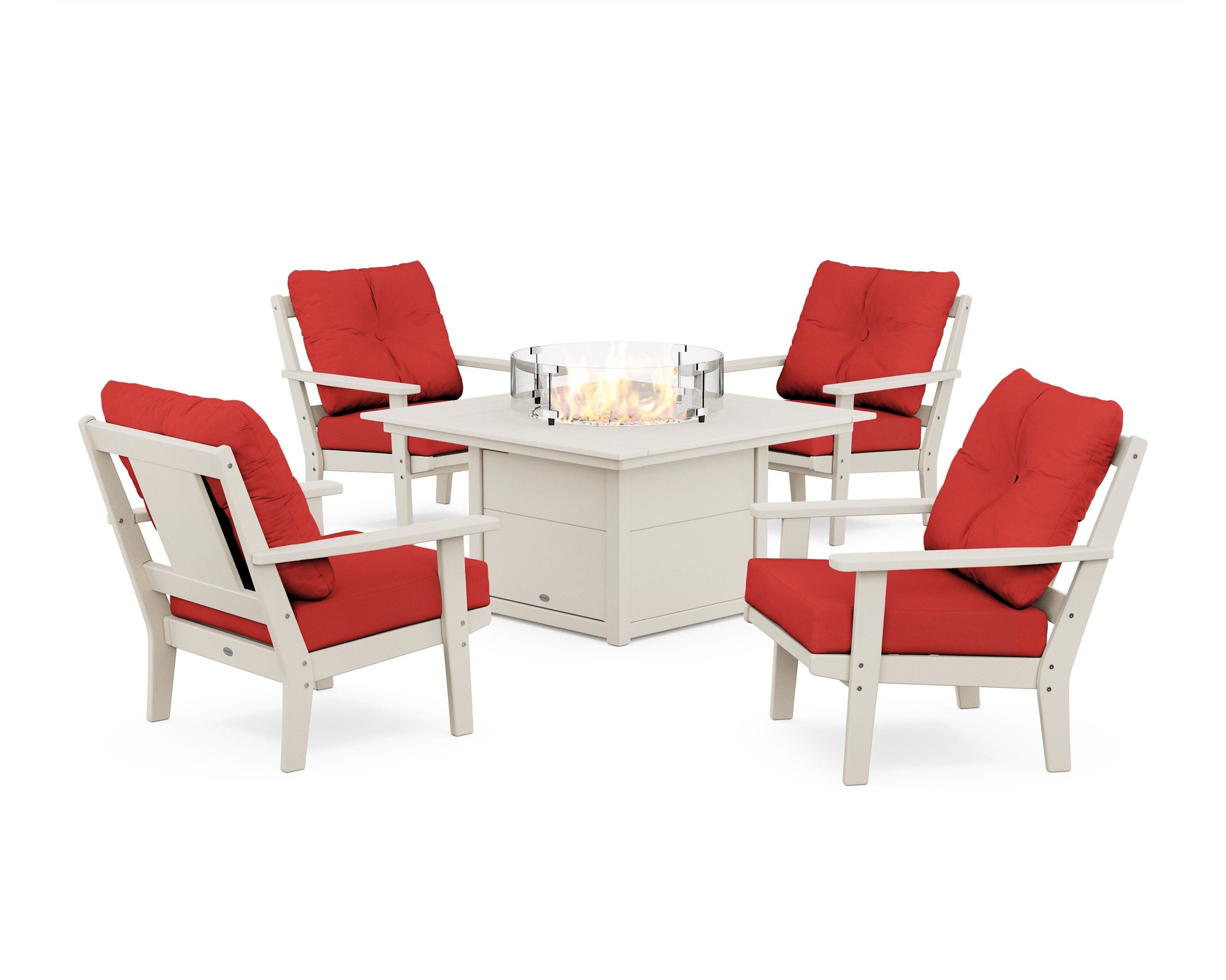POLYWOOD Prairie 5-Piece Deep Seating Set with Fire Pit Table in Sand / Crimson Linen