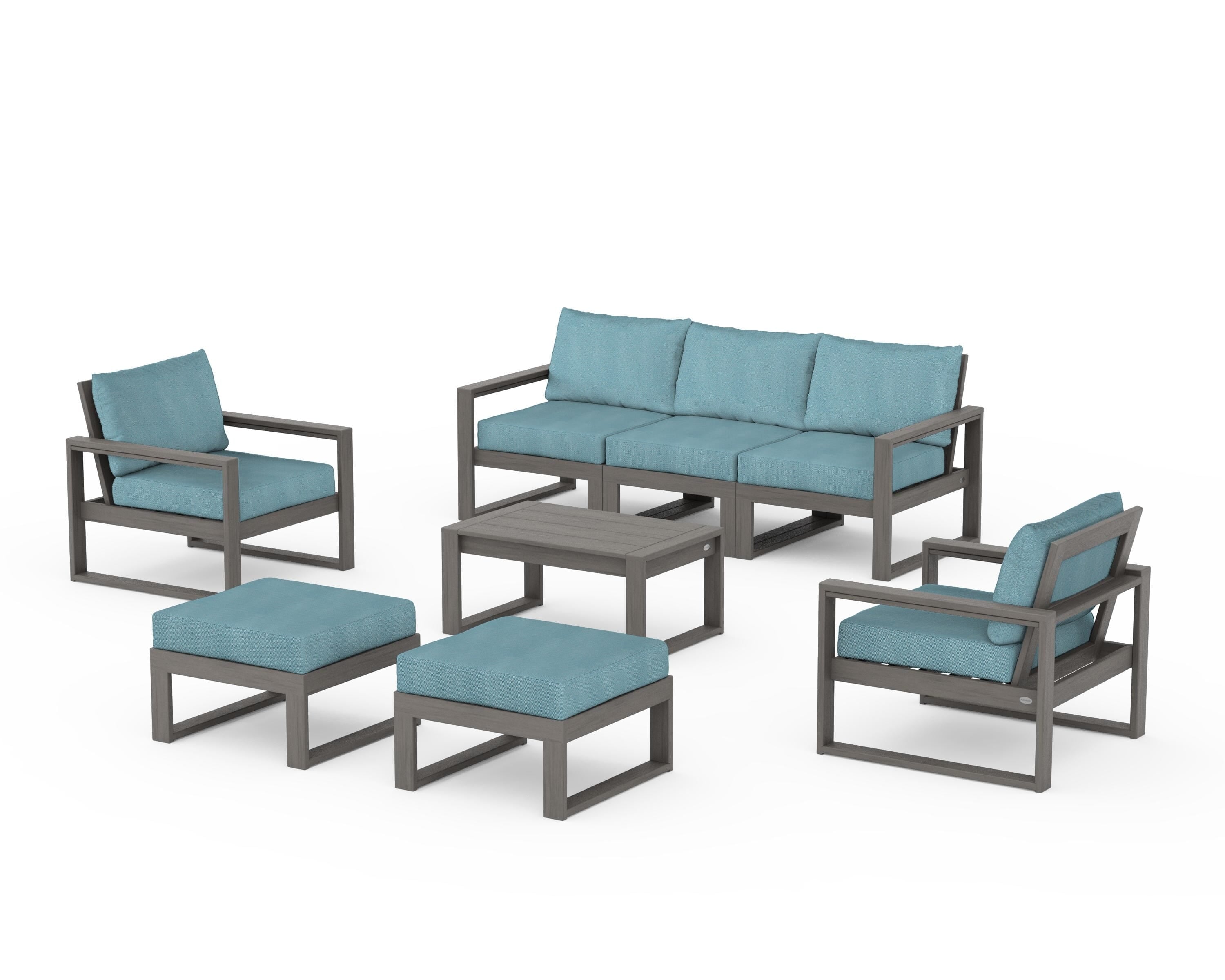 POLYWOOD EDGE Sectional 8-Piece Lounge Sofa Set in Driftwood / Lattice Sky Blue
