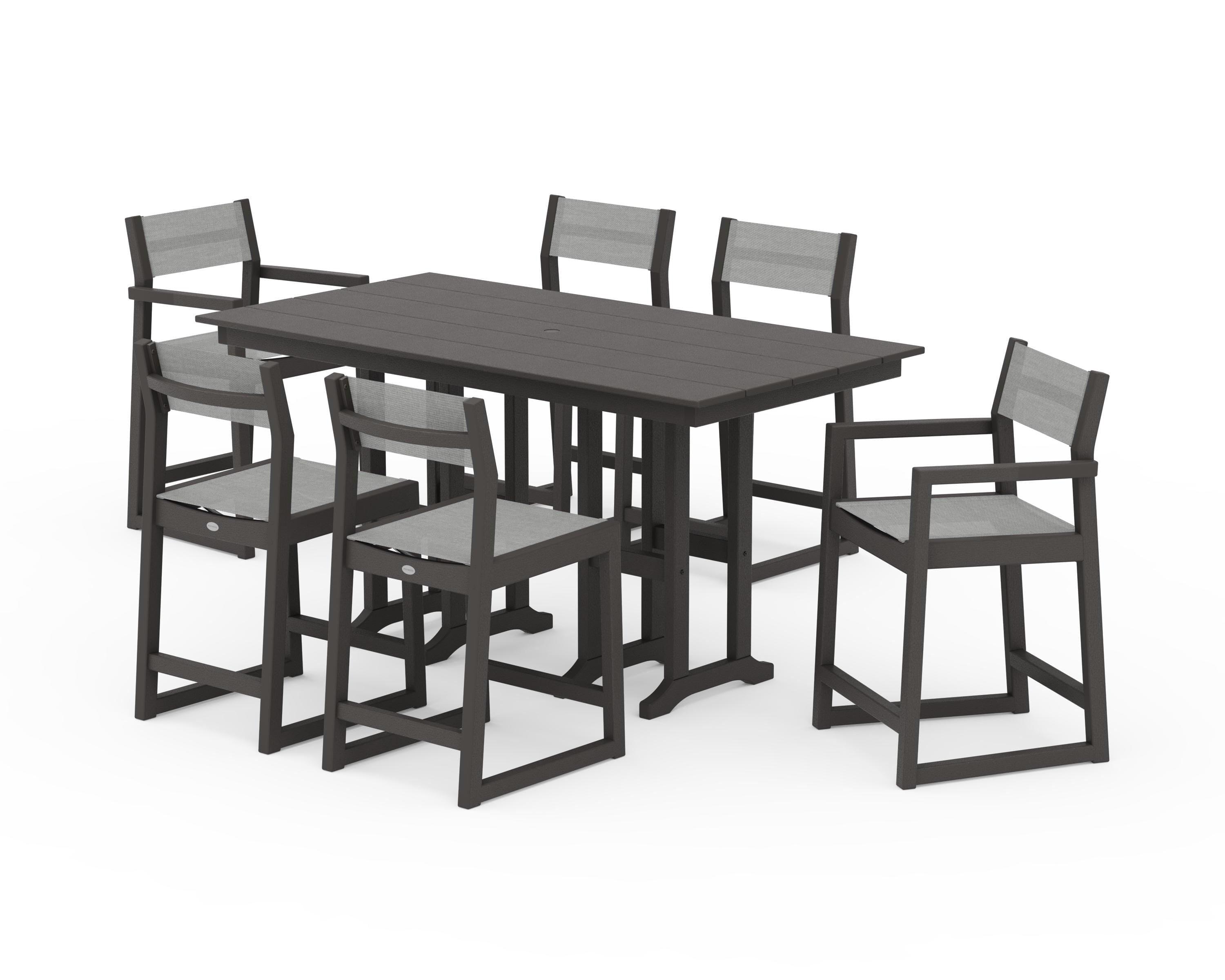 POLYWOOD EDGE Sling 7-Piece Farmhouse Counter Set with Trestle Legs in Vintage Coffee / Metallic Sling