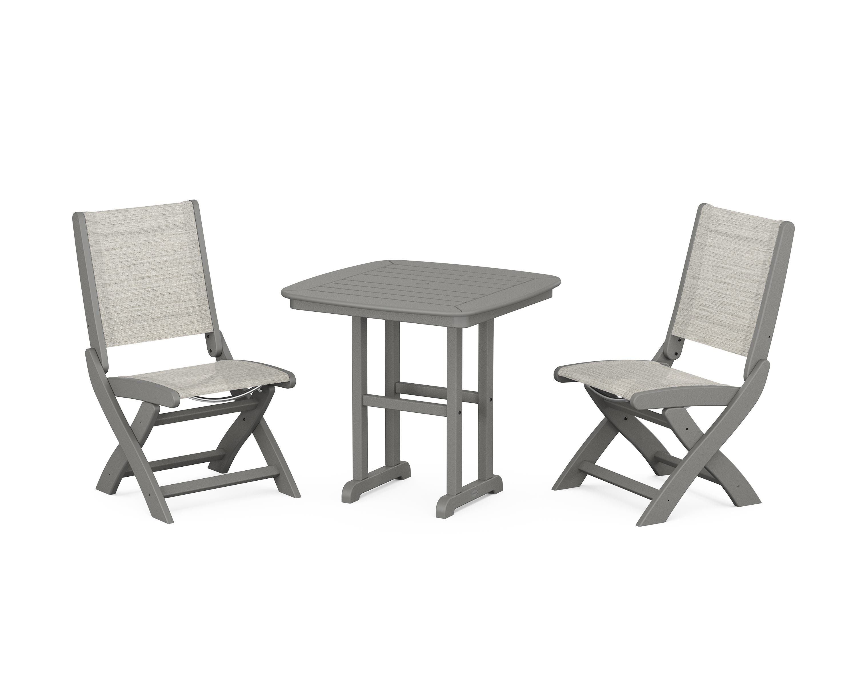 POLYWOOD Coastal Folding Side Chair 3-Piece Dining Set in Slate Grey / Birch Sling
