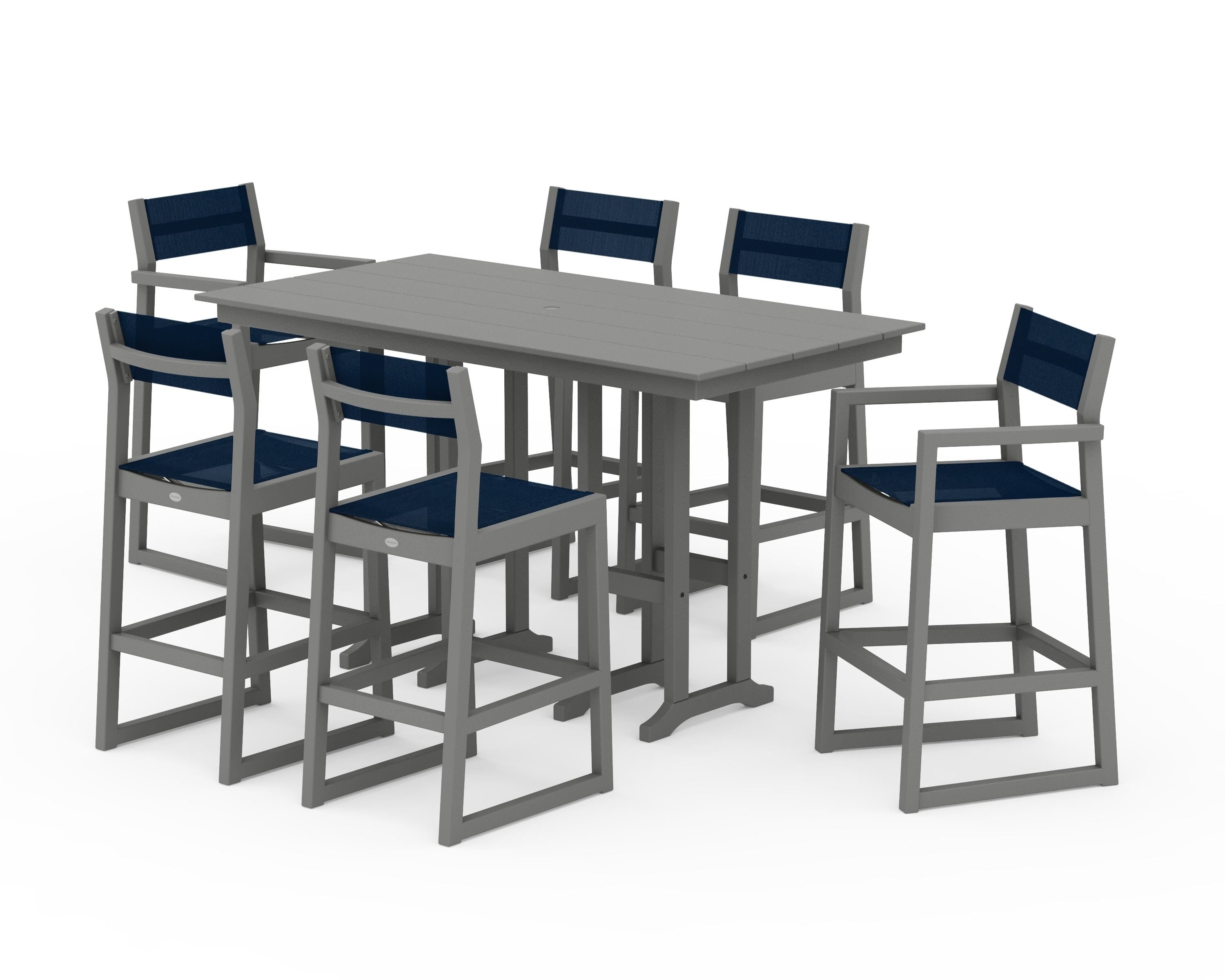 POLYWOOD EDGE Sling 7-Piece Farmhouse Bar Set in Slate Grey / Navy Blue Sling