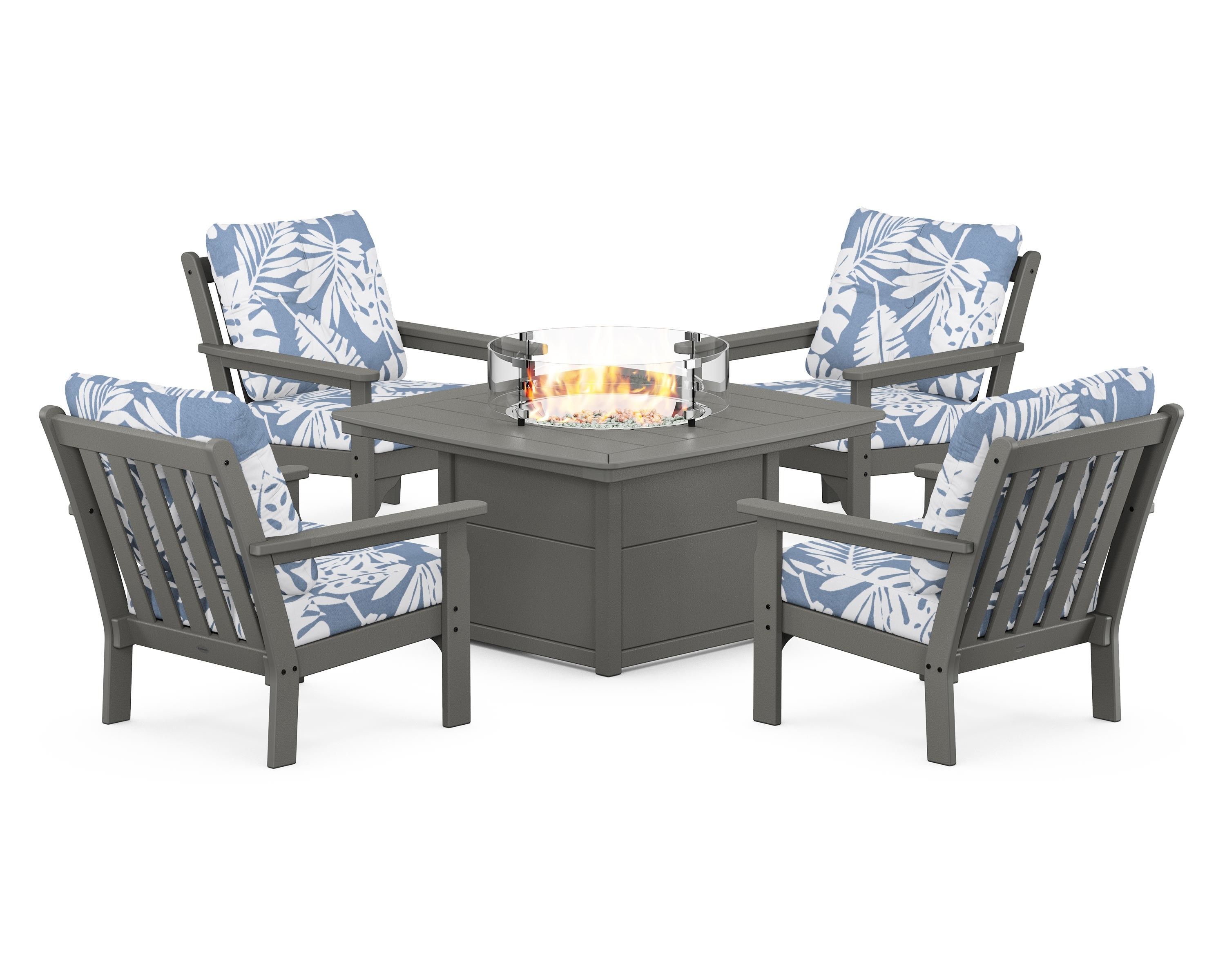 POLYWOOD Vineyard 5-Piece Conversation Set with Fire Pit Table in Slate Grey / Leaf Sky Blue