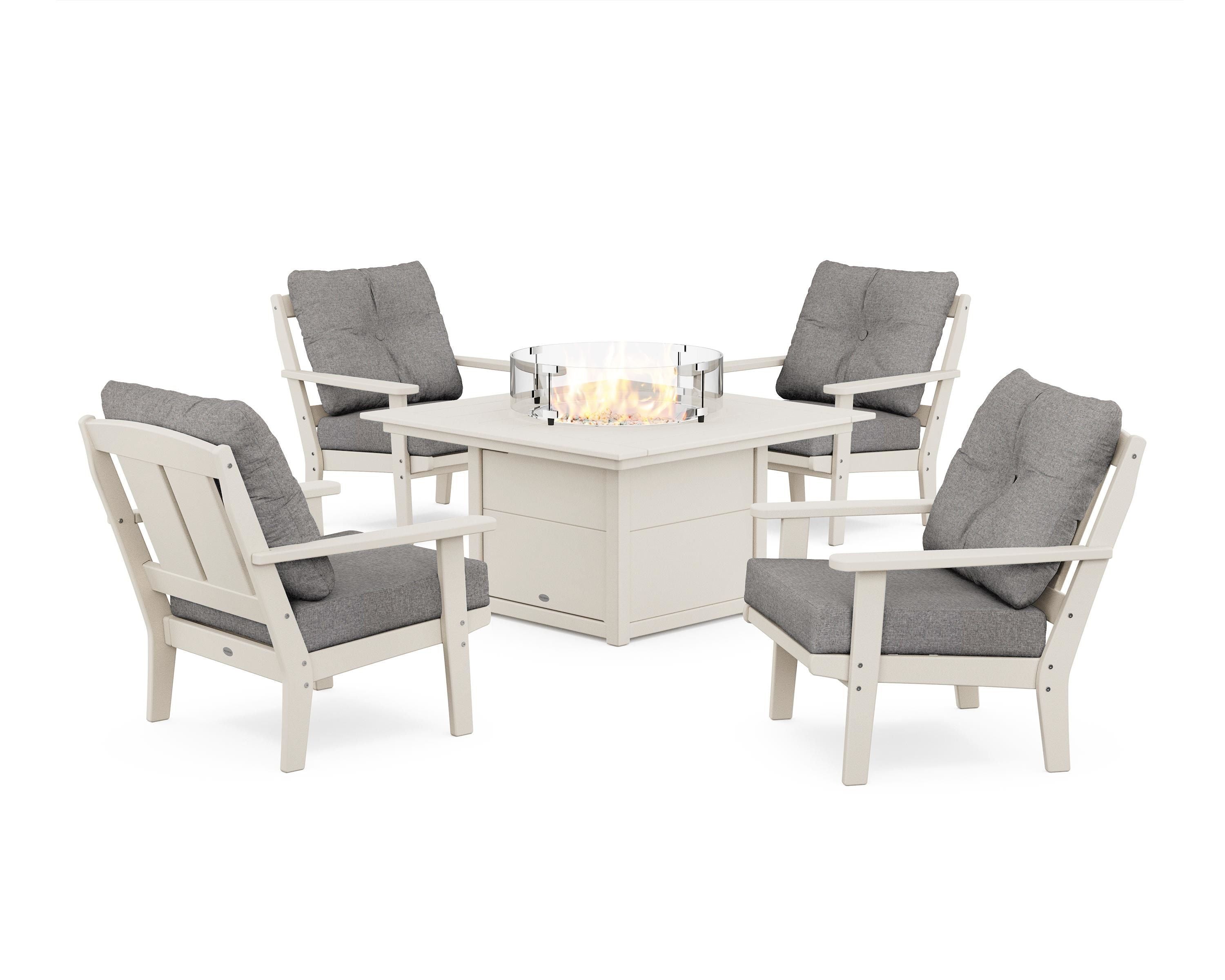 POLYWOOD Mission 5-Piece Deep Seating Set with Fire Pit Table in Sand / Grey Mist