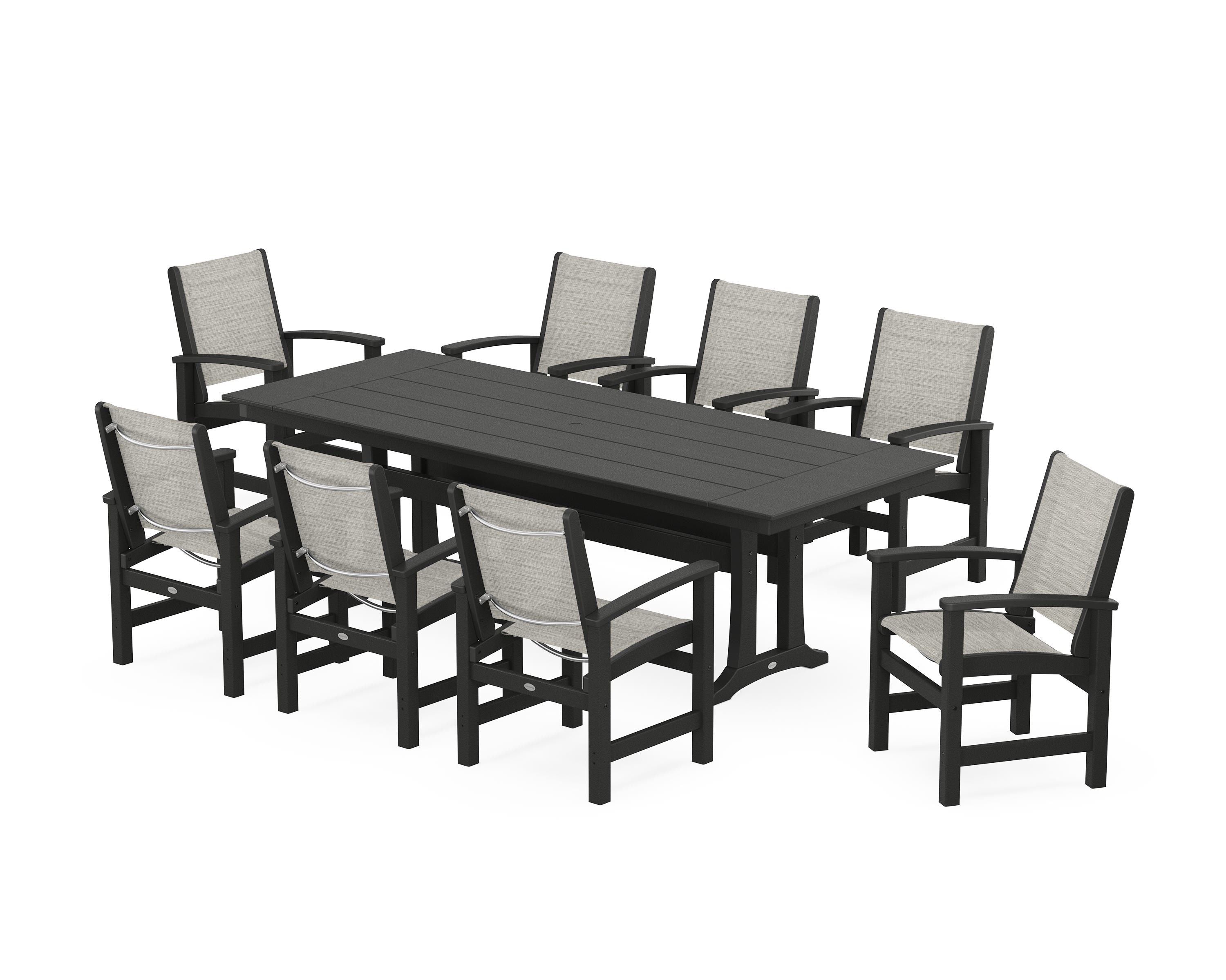 POLYWOOD Coastal 9-Piece Farmhouse Dining Set with Trestle Legs in Black / Birch Sling