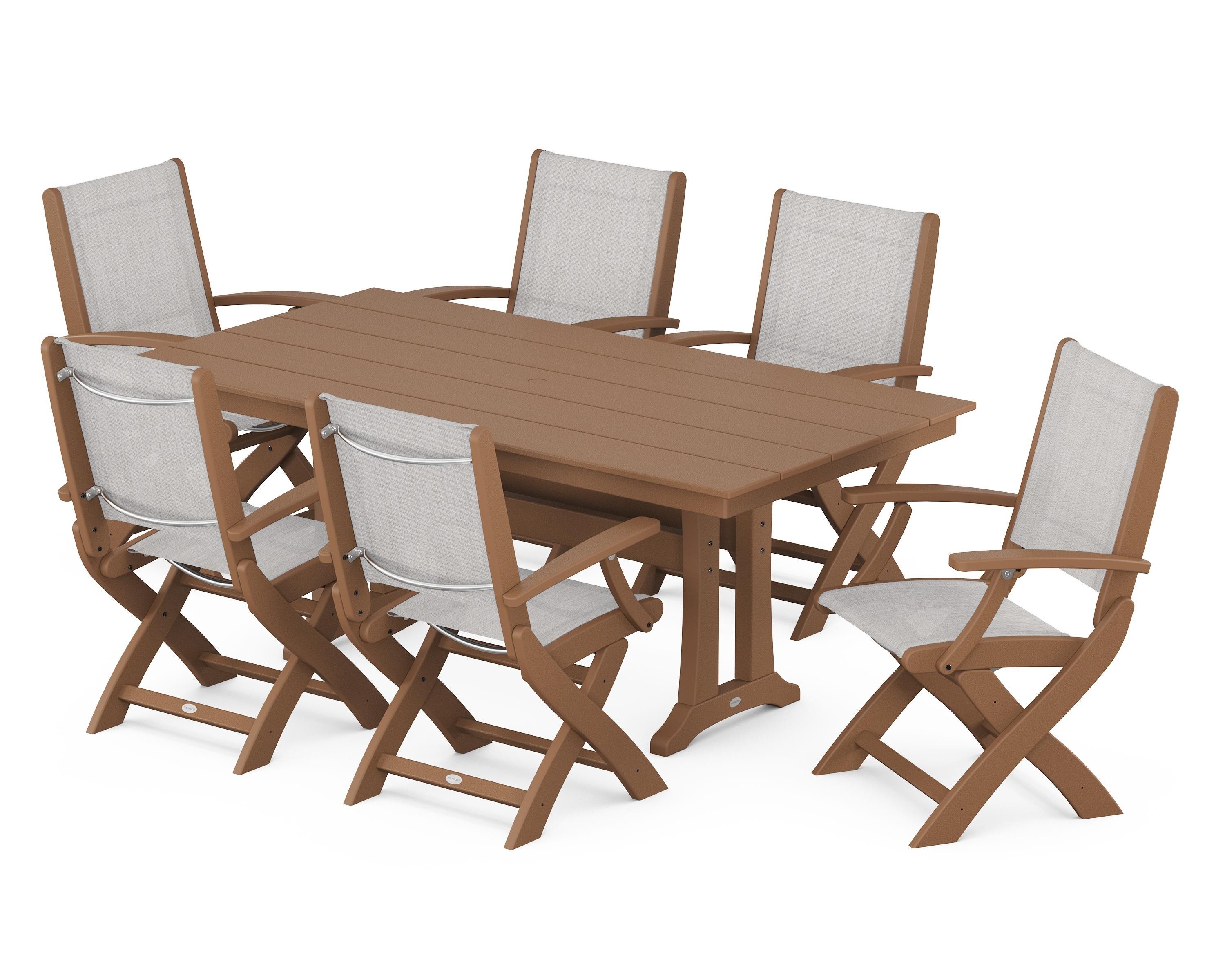 POLYWOOD Coastal Folding Arm Chair 7-Piece Farmhouse Dining Set with Trestle Legs in Teak / Parchment Sling