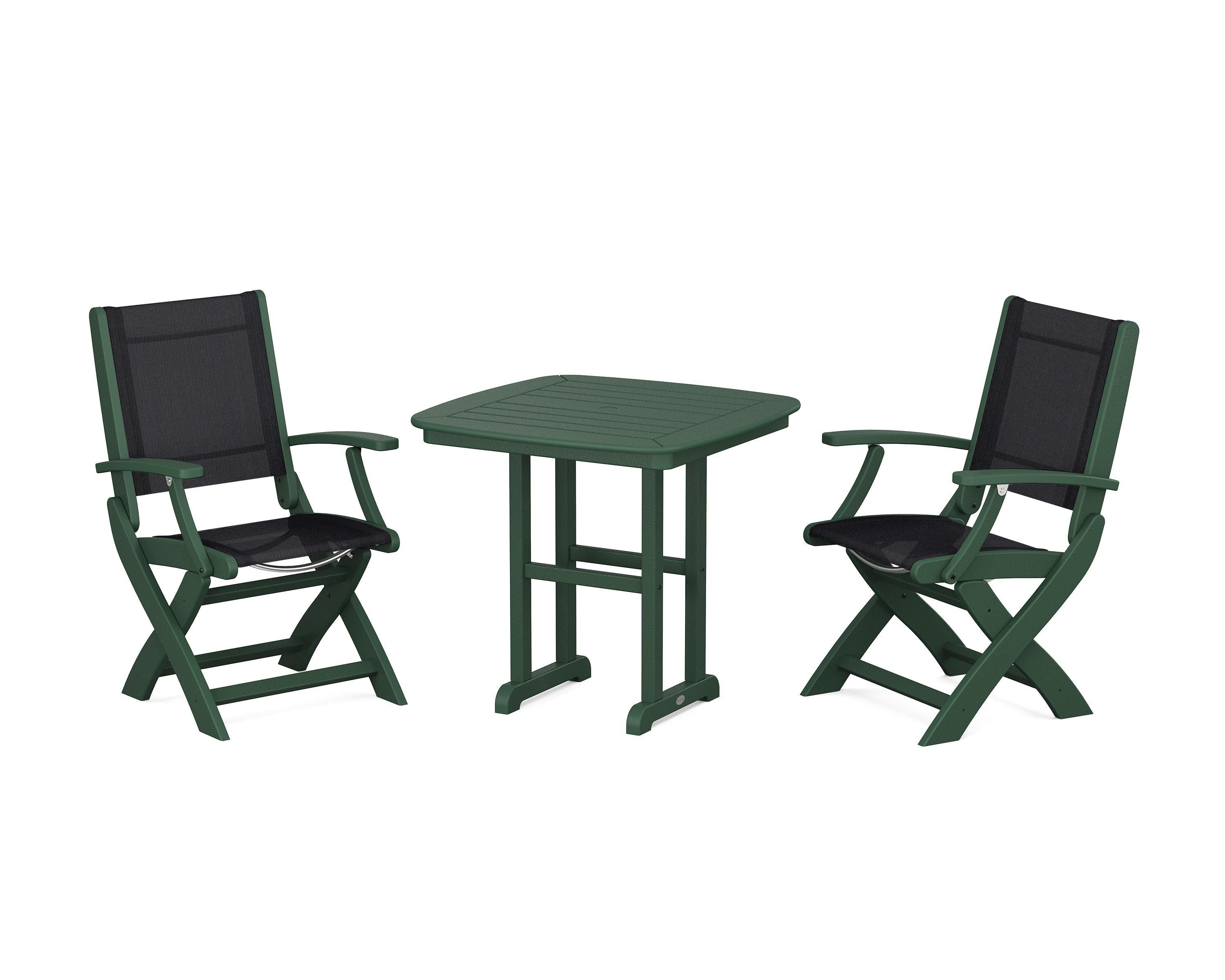POLYWOOD Coastal Folding Chair 3-Piece Dining Set in Green / Black Sling
