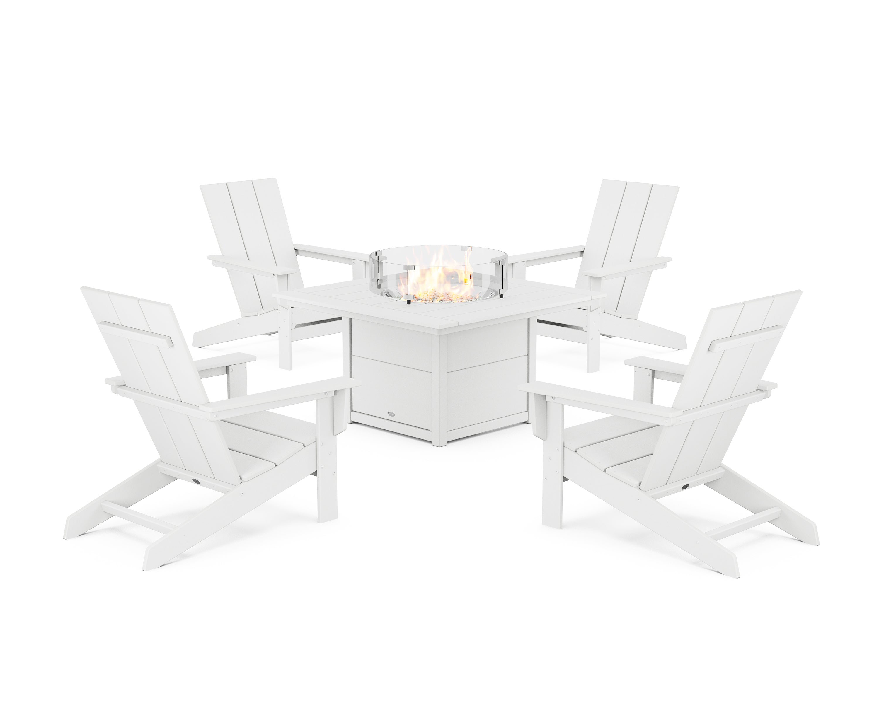 POLYWOOD® 5-Piece Modern Studio Adirondack Conversation Set with Fire Pit Table in White