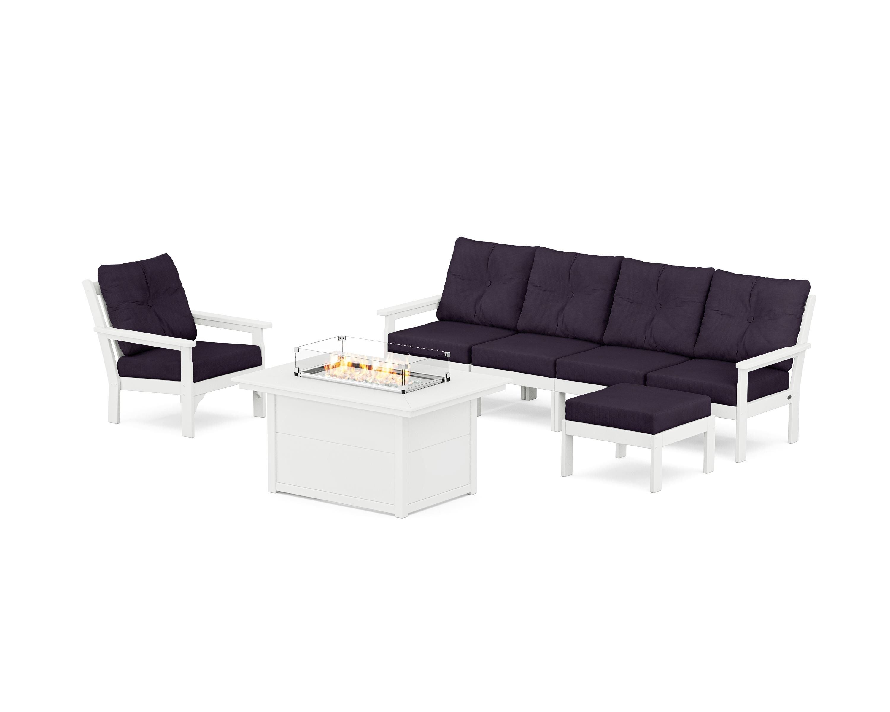 POLYWOOD Vineyard Sectional Lounge and Fire Pit Set in White / Navy Linen