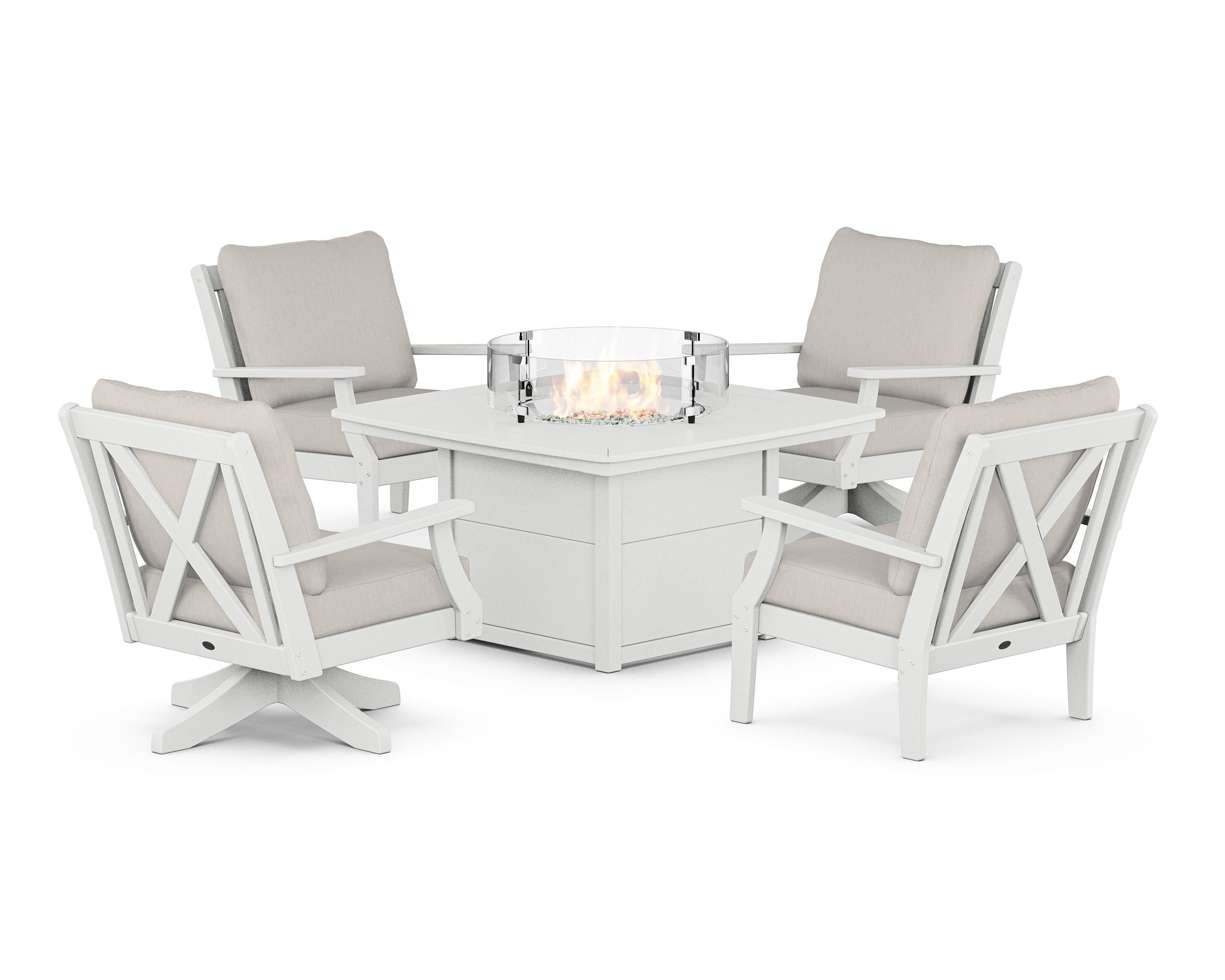 POLYWOOD Braxton 5-Piece Deep Seating Set with Fire Table in White / Cast Ash